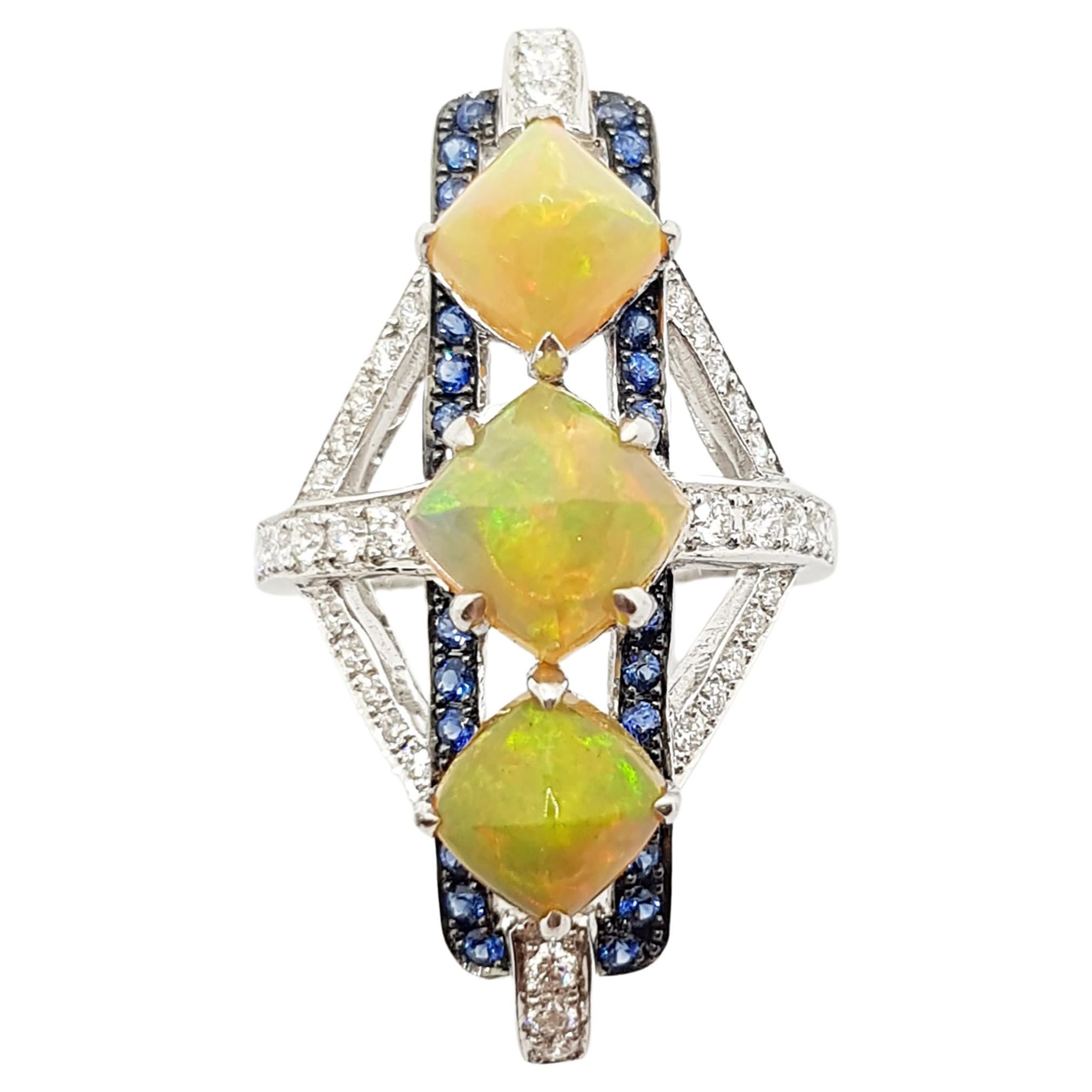Opal with Blue Sapphire and Diamond Ring Set in 18 Karat White Gold Settings For Sale
