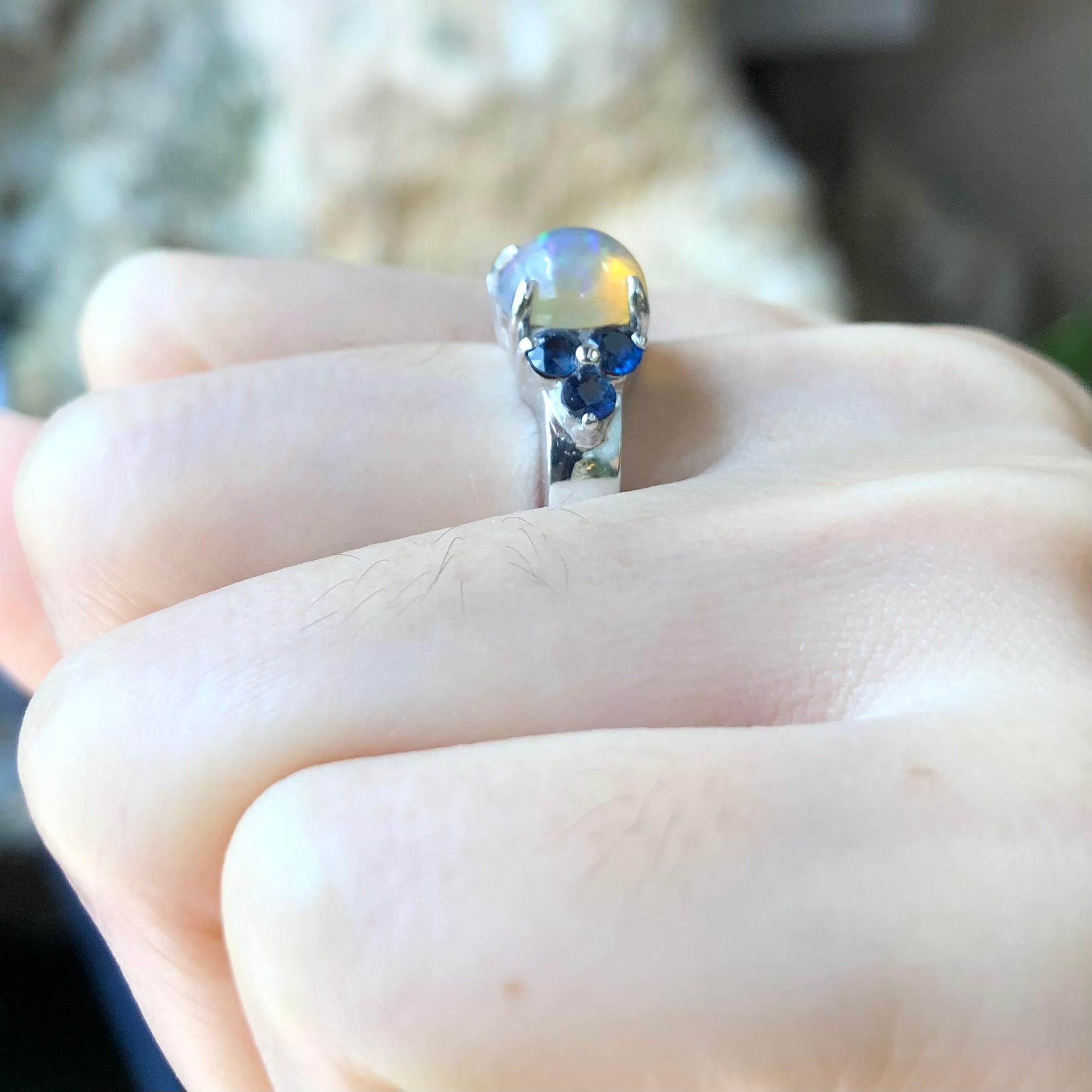Contemporary Opal with Blue Sapphire Ring set in Silver Settings For Sale