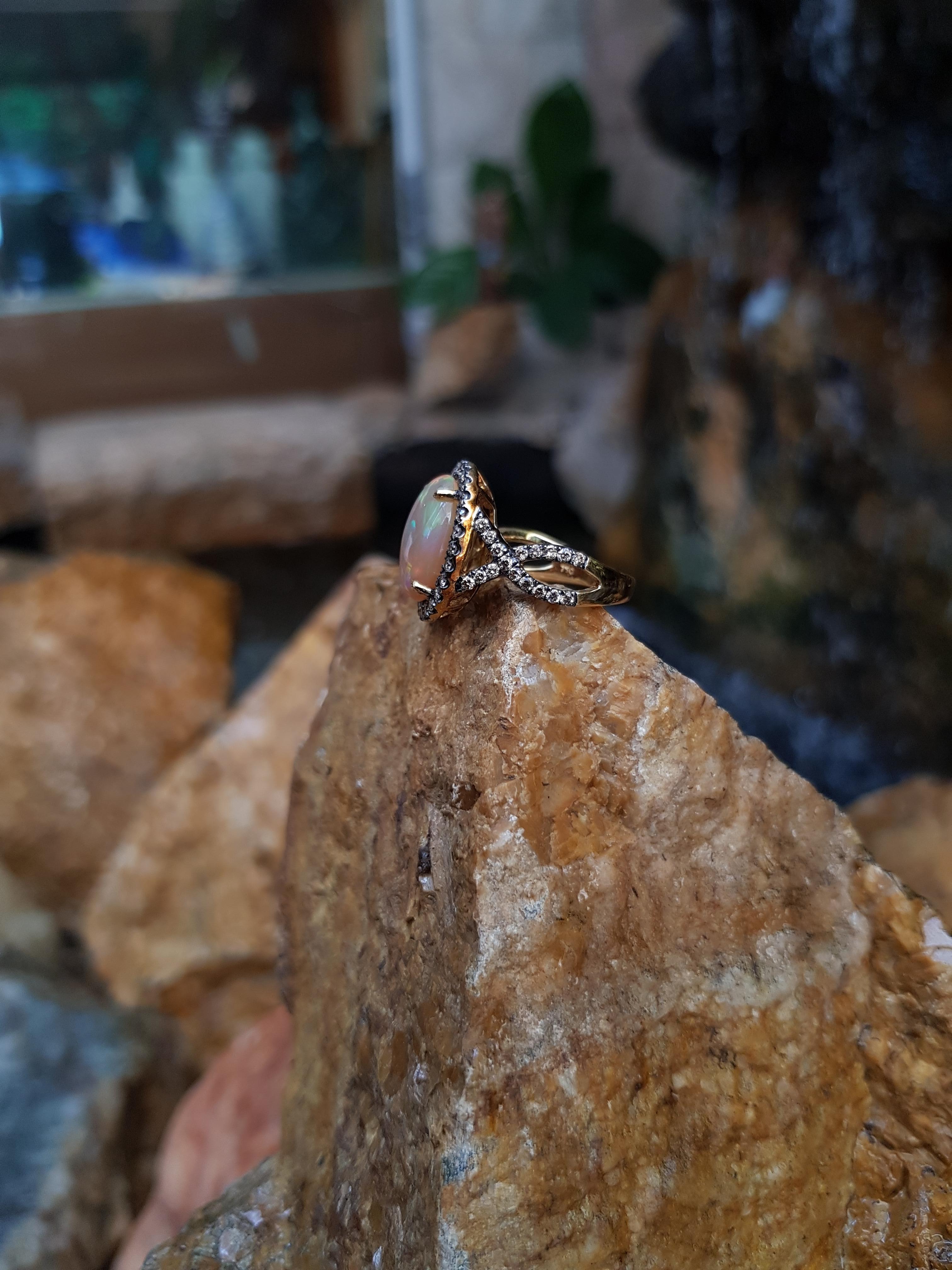 Cabochon Opal with Brown Diamond Ring Set in 18 Karat Gold Settings For Sale