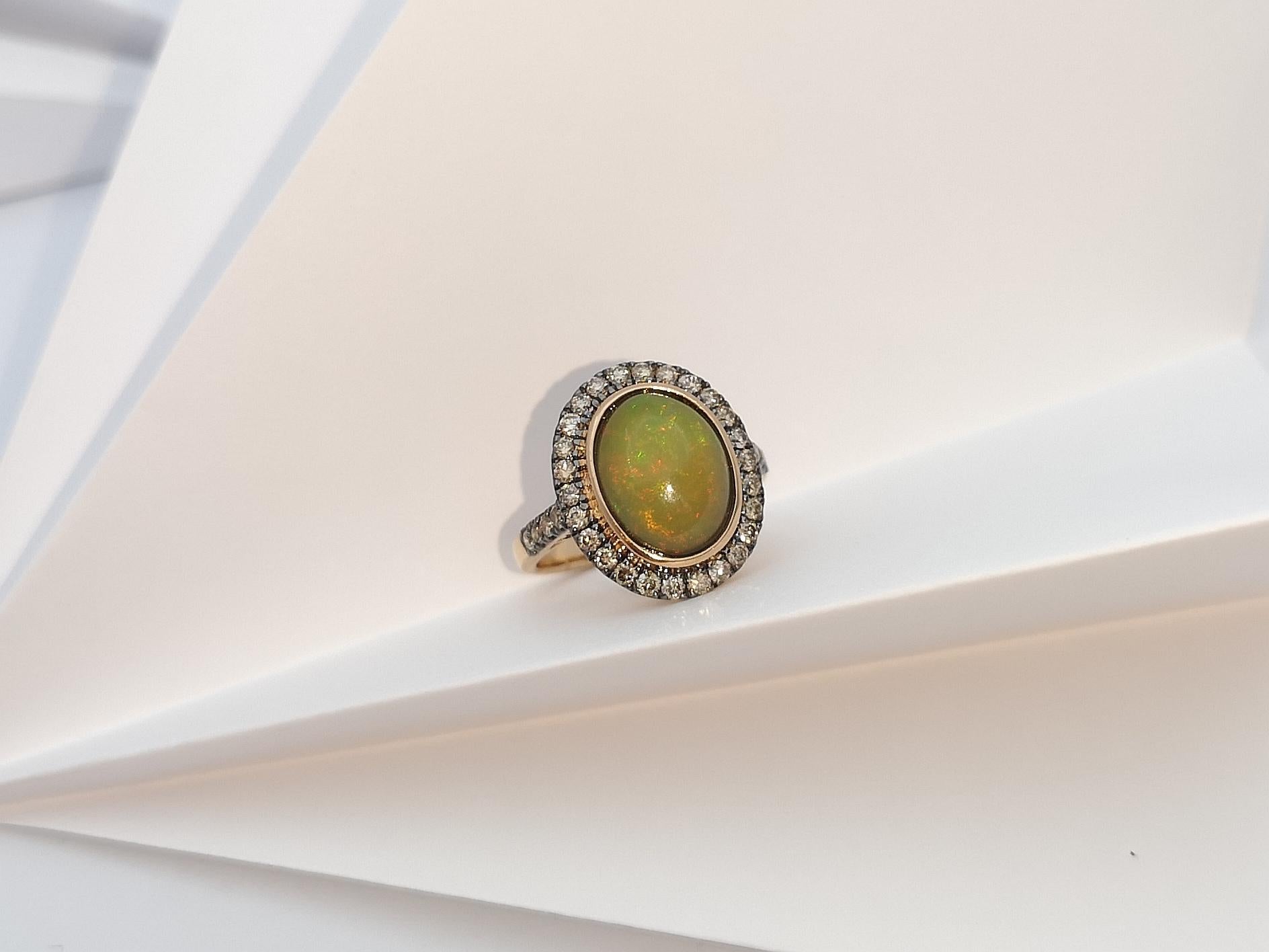Opal with Brown Diamond Ring Set in 18 Karat Rose Gold Settings For Sale 9
