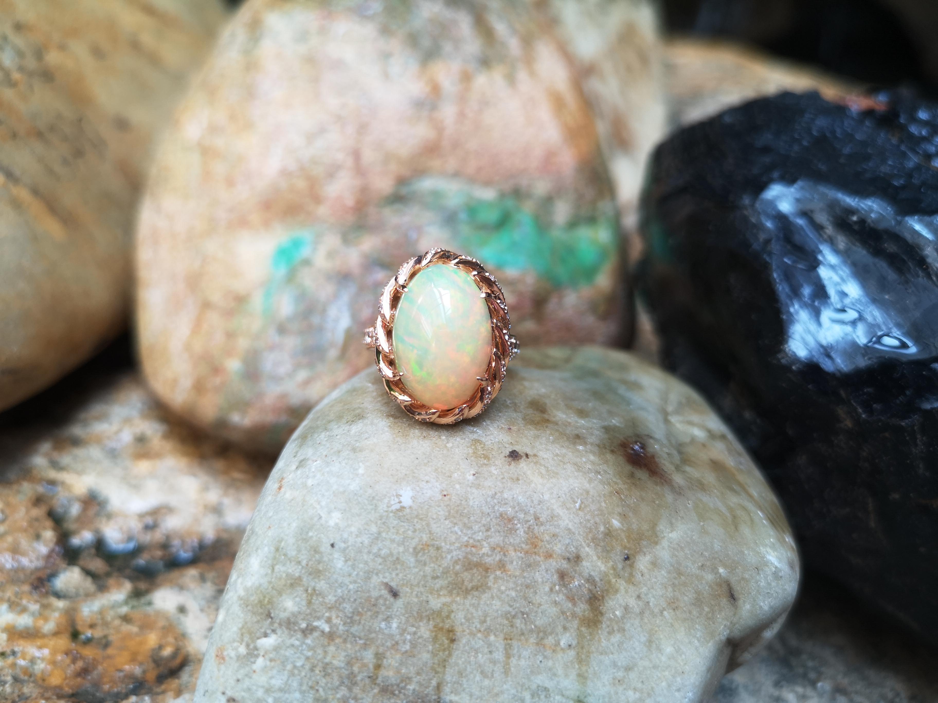 Opal with Brown Diamond Ring set in 18 Karat Rose Gold Settings In New Condition For Sale In Bangkok, TH