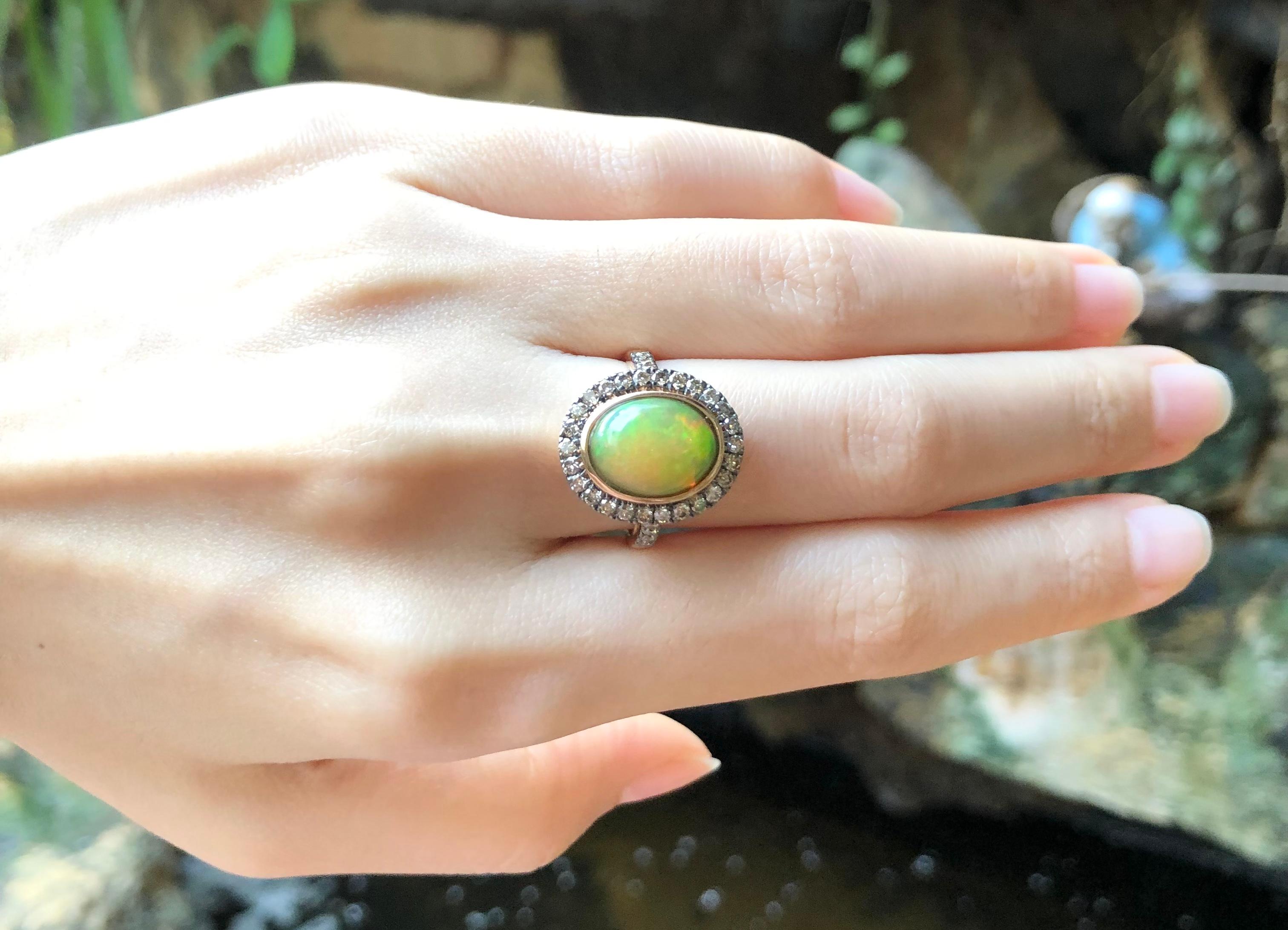 Cabochon Opal with Brown Diamond Ring Set in 18 Karat Rose Gold Settings For Sale