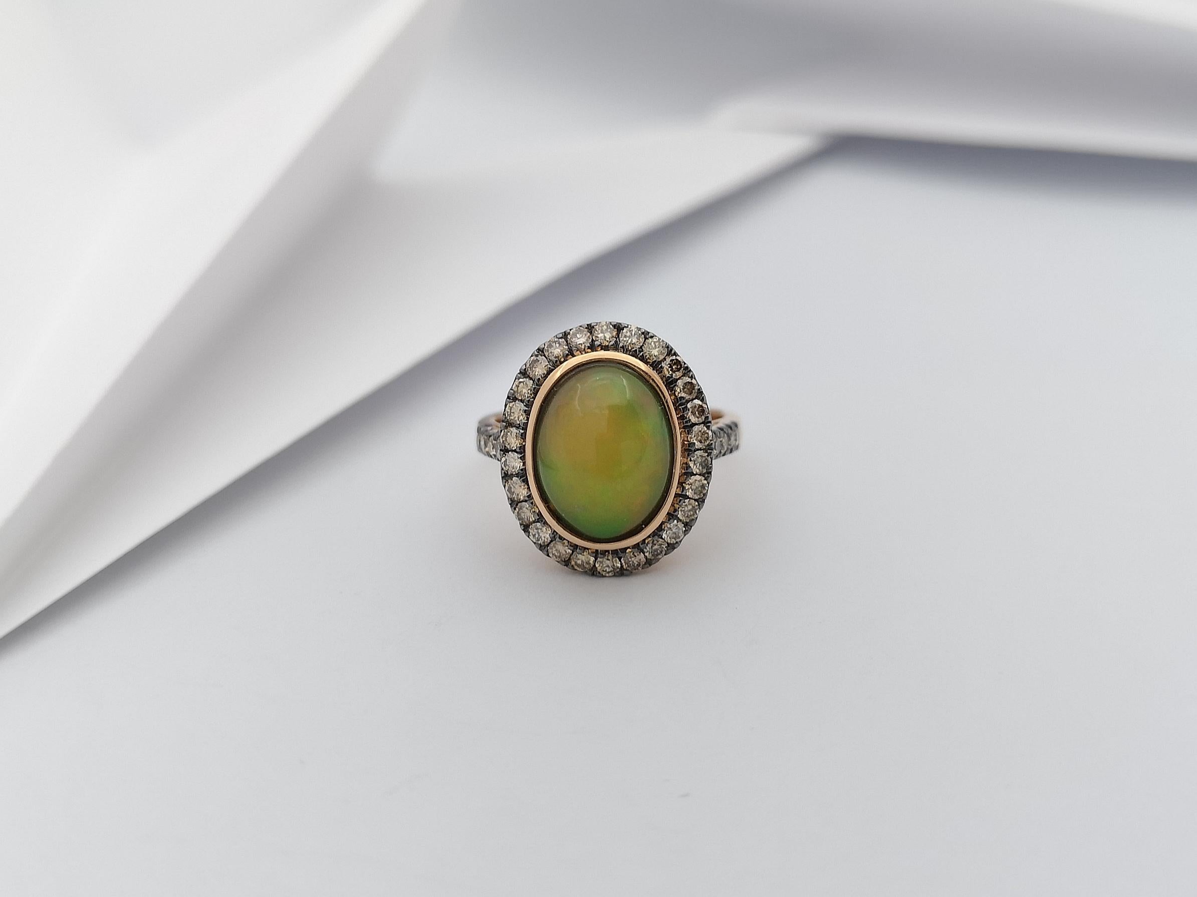 Opal with Brown Diamond Ring Set in 18 Karat Rose Gold Settings In New Condition For Sale In Bangkok, TH