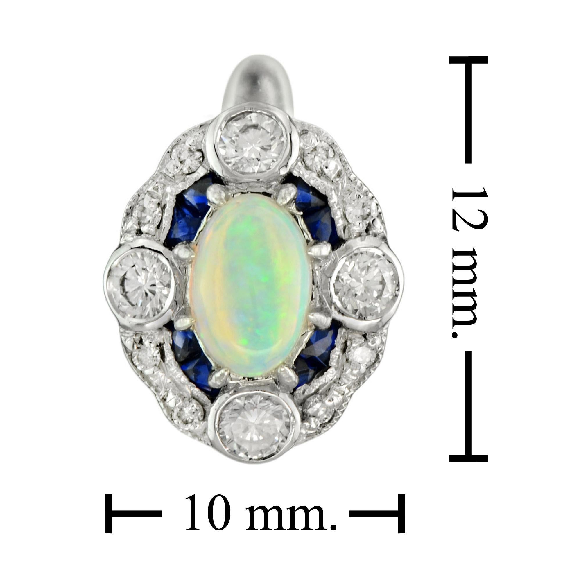 Oval Cut Opal with Diamond and Sapphire Latch Back Earrings in 18K White Gold For Sale