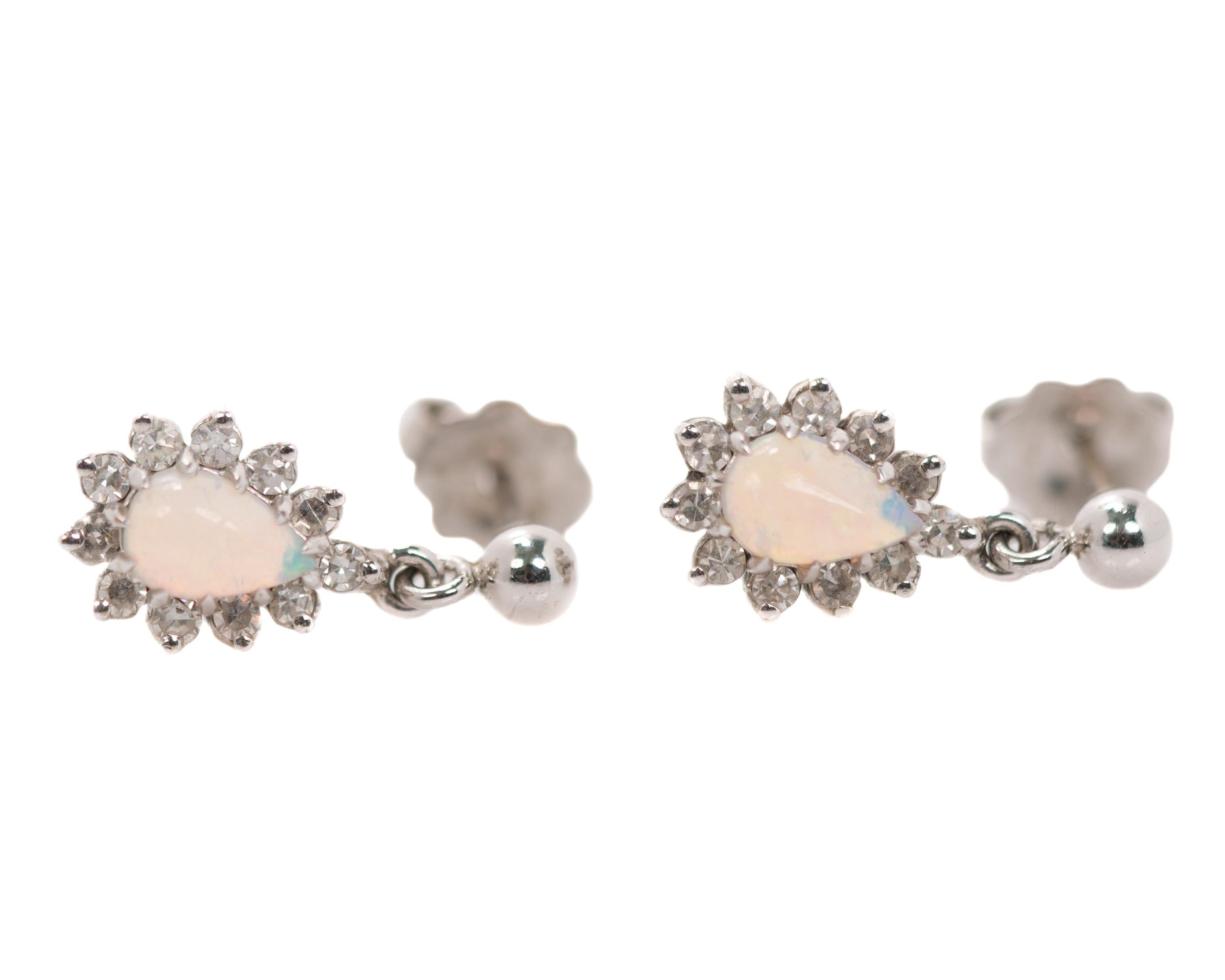 Contemporary Opal with Diamond Halo Drop Earrings in 14 Karat White Gold