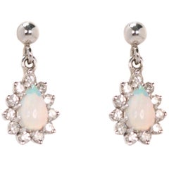 Opal with Diamond Halo Drop Earrings in 14 Karat White Gold