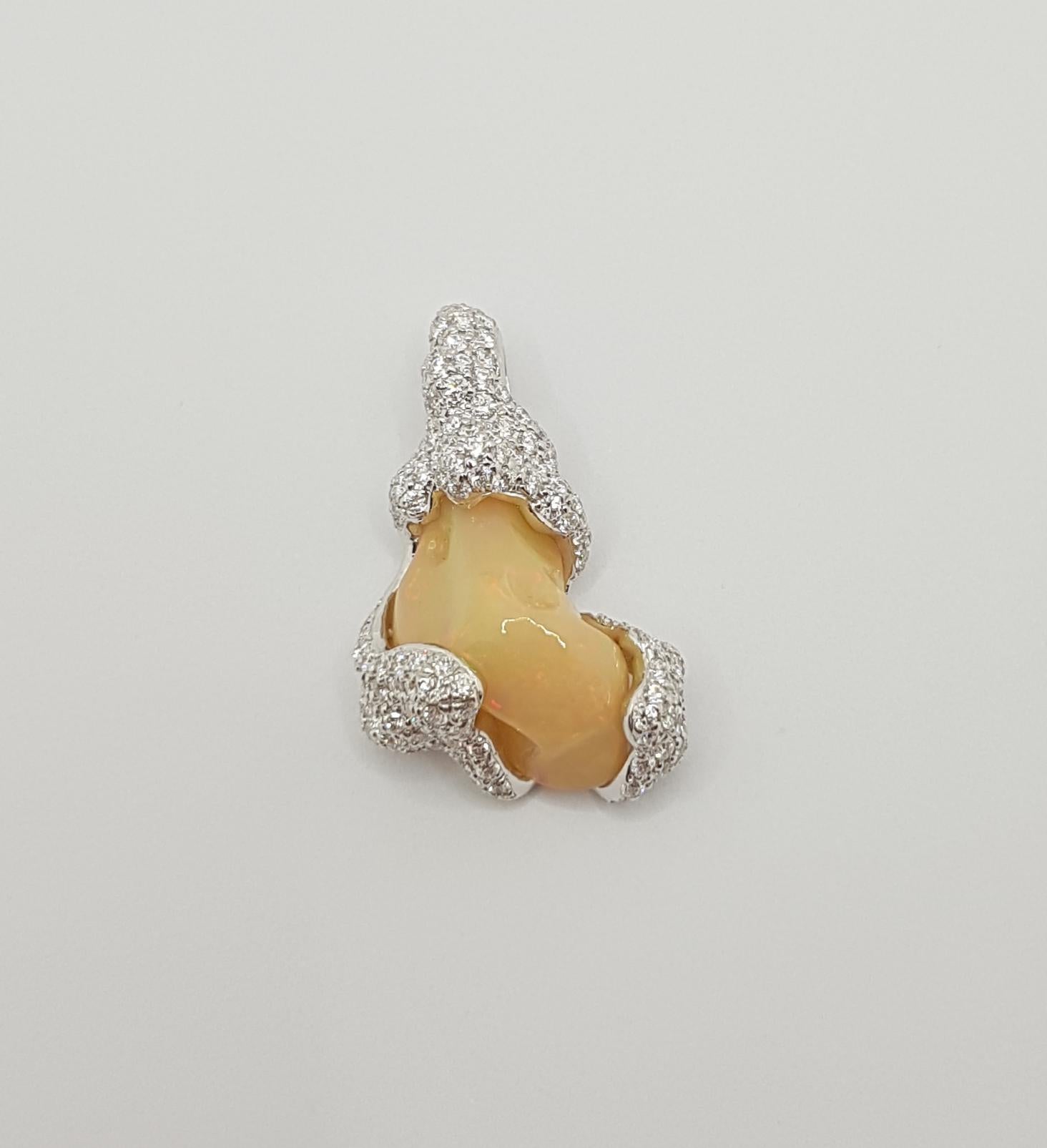 Brilliant Cut Opal with Diamond Pendant Set in 18 Karat White Gold Settings For Sale