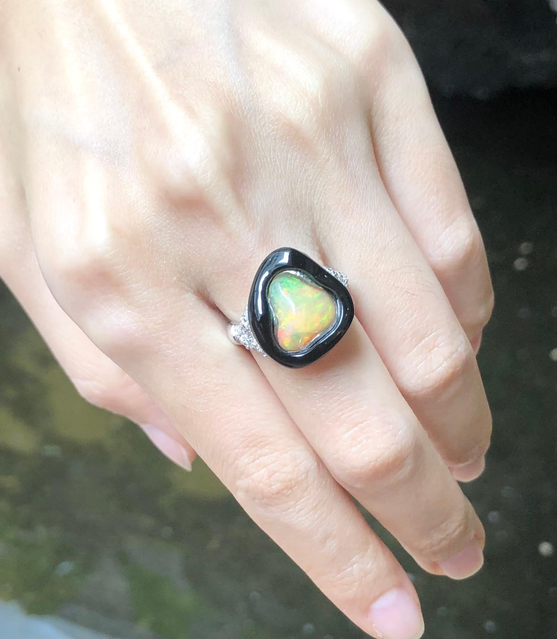 Mixed Cut Opal with Diamond Ring Set in 18 Karat White Gold Setting For Sale