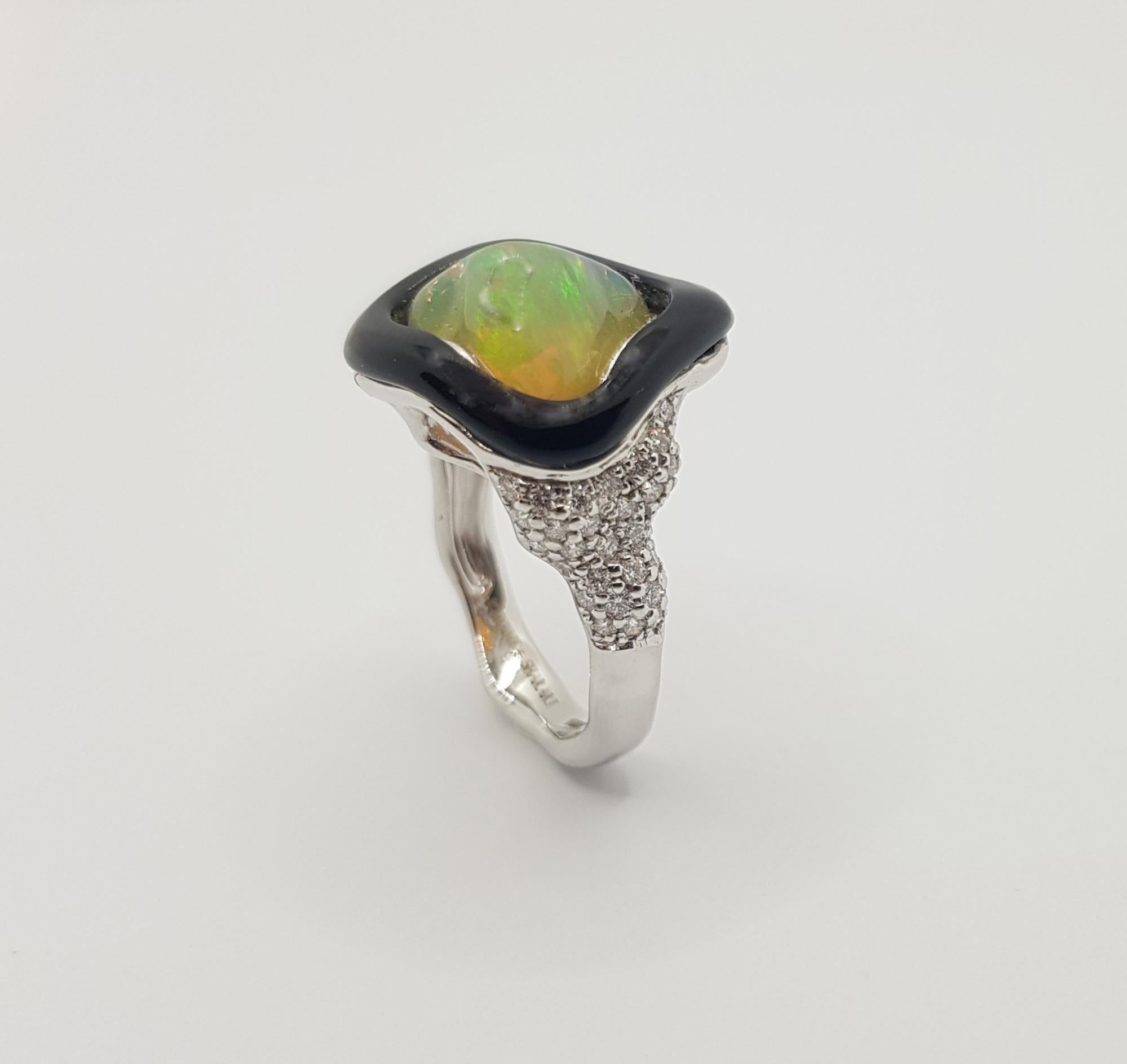 Women's Opal with Diamond Ring Set in 18 Karat White Gold Setting For Sale