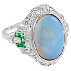Opal with Emerald and Diamond Antique Style Cocktail Ring in 14k White Gold