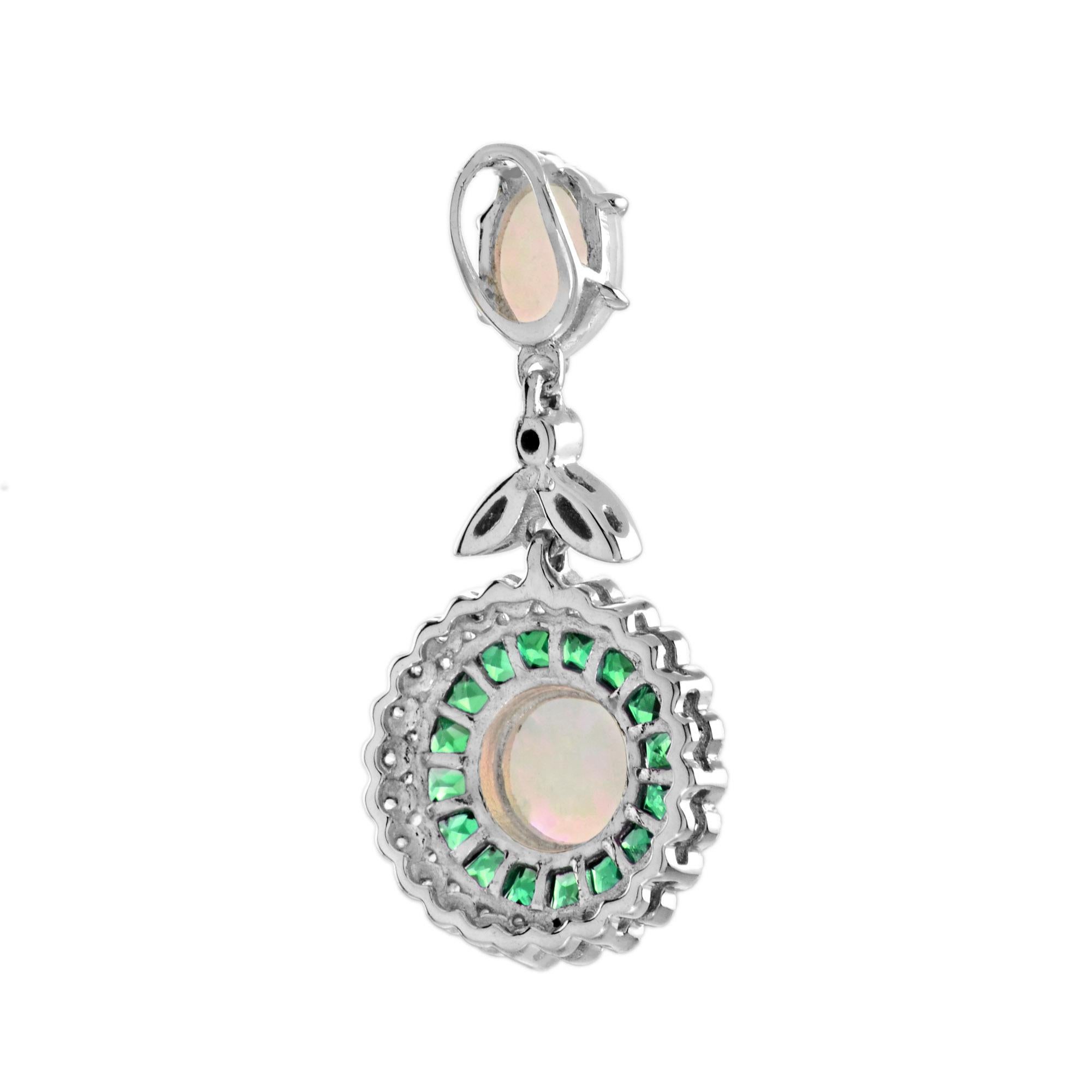 Round Cut Opal with Emerald and Diamond Art Deco Style Pendant in 18K White Gold For Sale