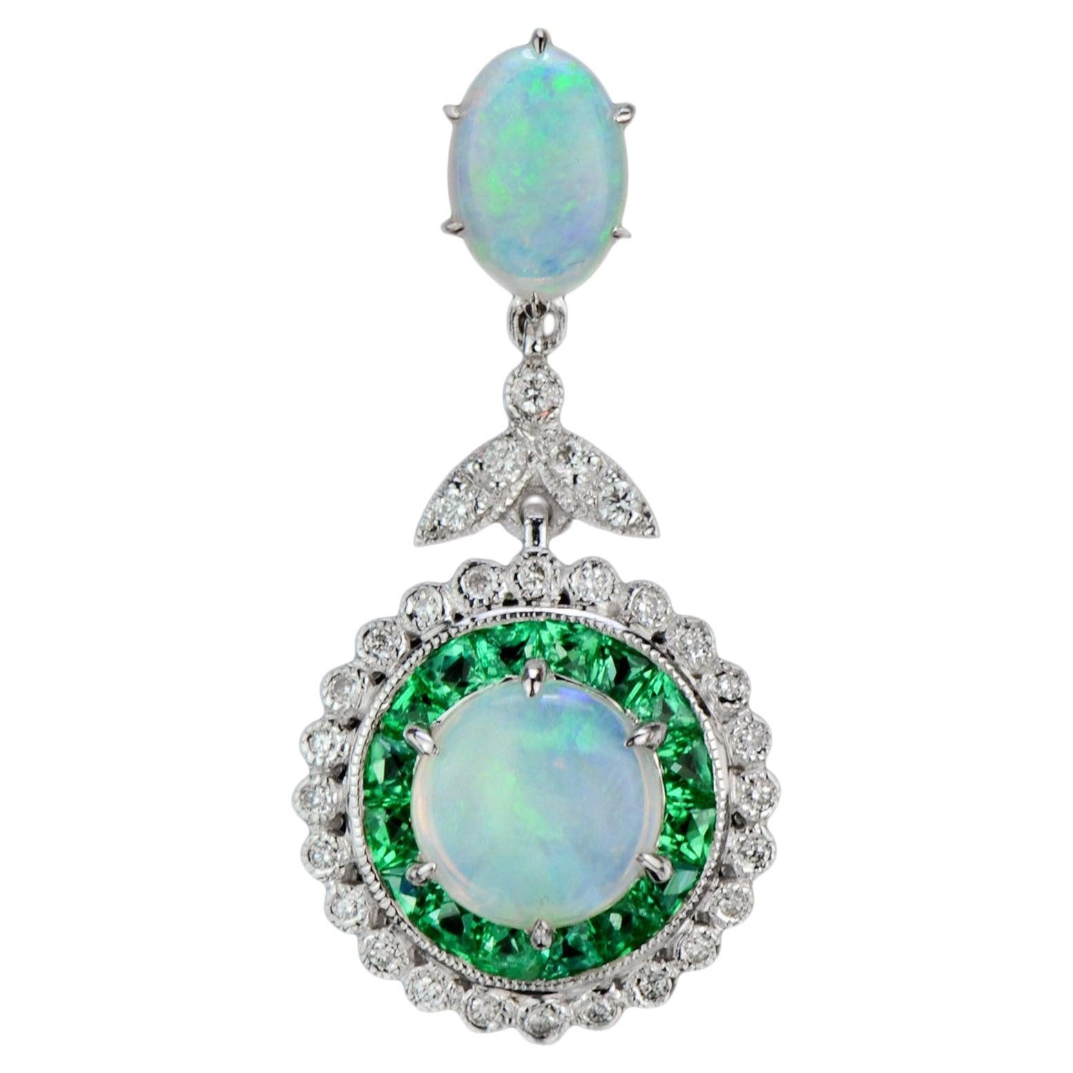 Opal with Emerald and Diamond Art Deco Style Pendant in 18K White Gold For Sale