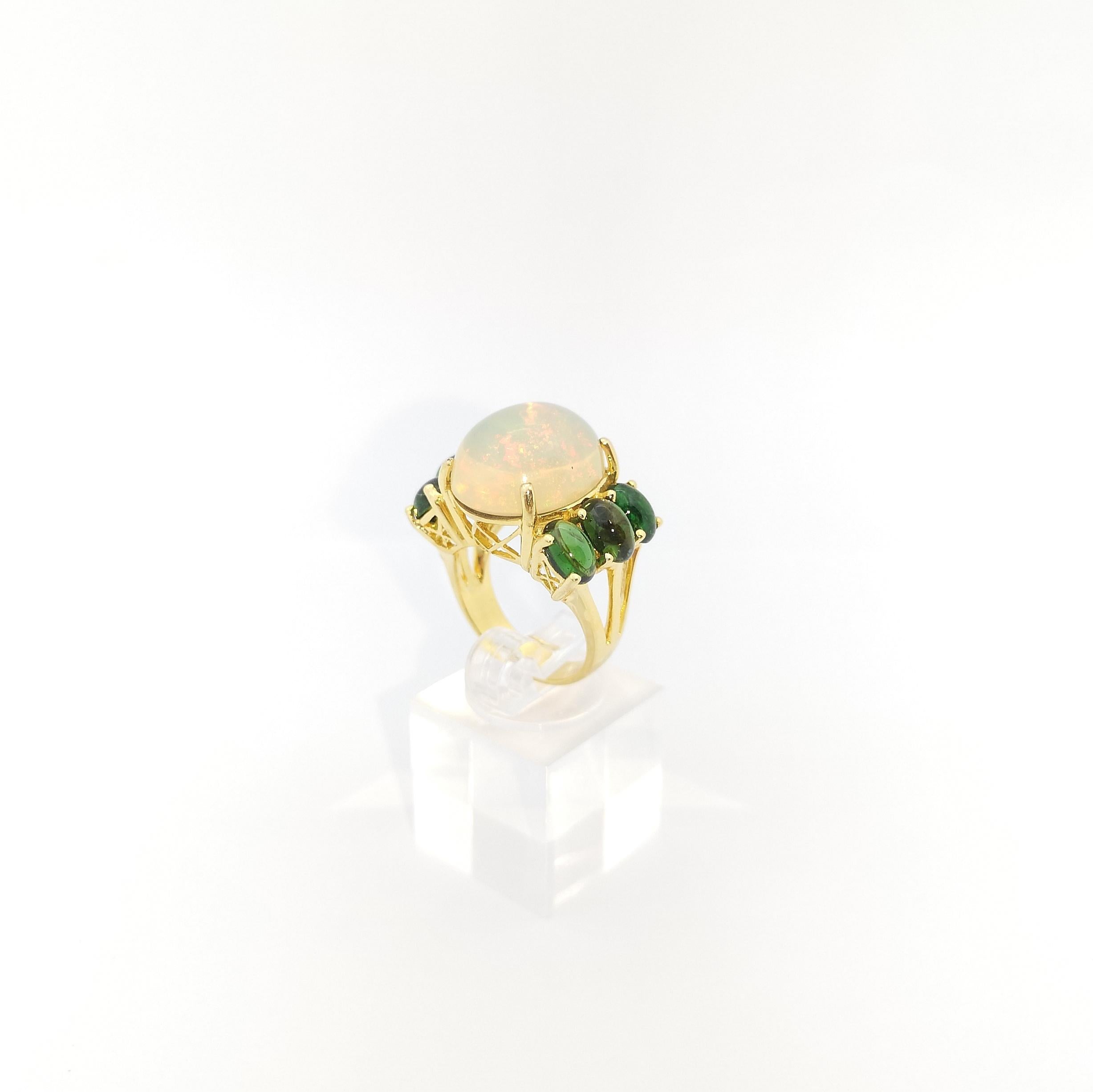 Opal with Green Tourmaline Ring set in 18K Gold Settings For Sale 5