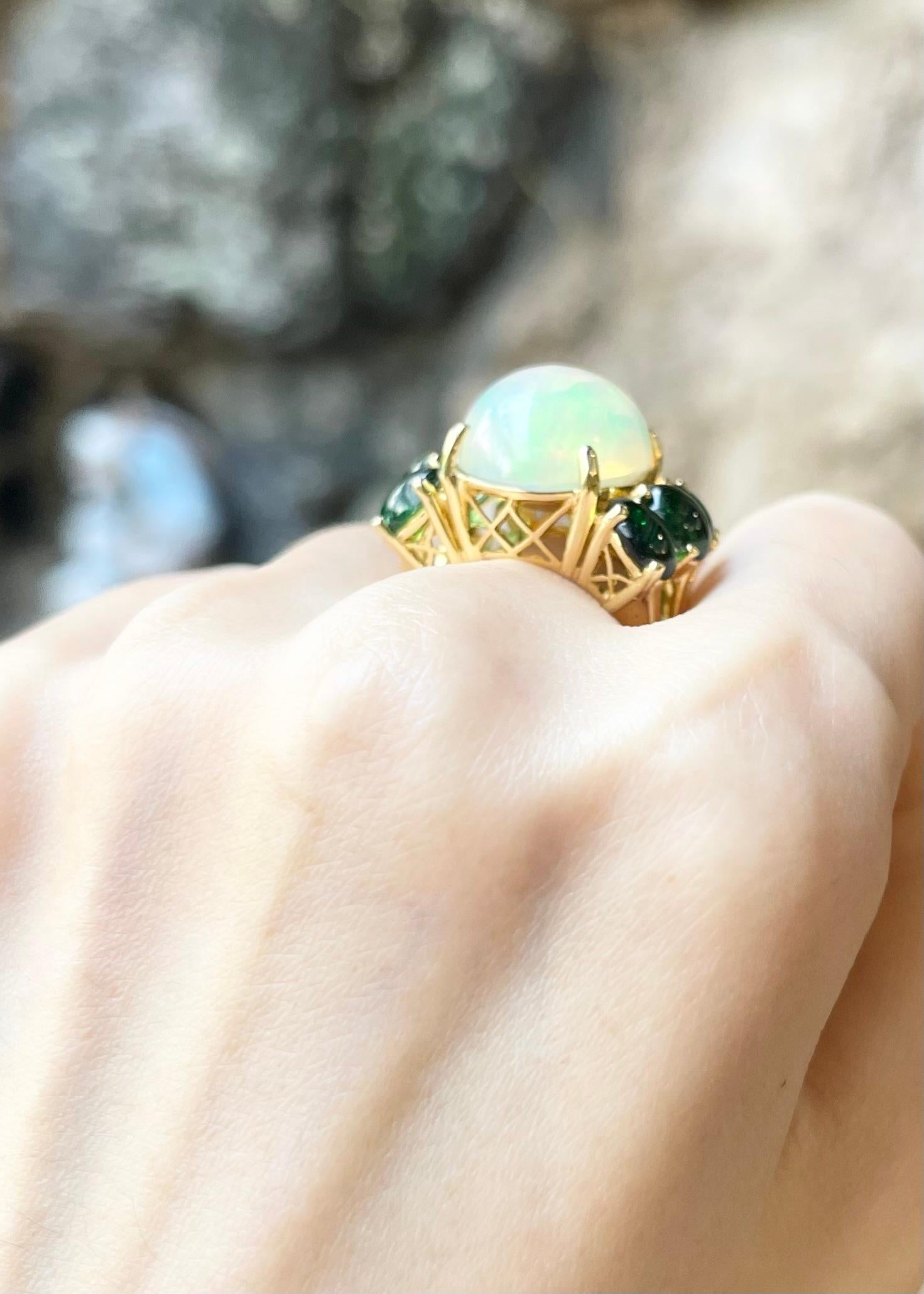 Women's Opal with Green Tourmaline Ring set in 18K Gold Settings For Sale