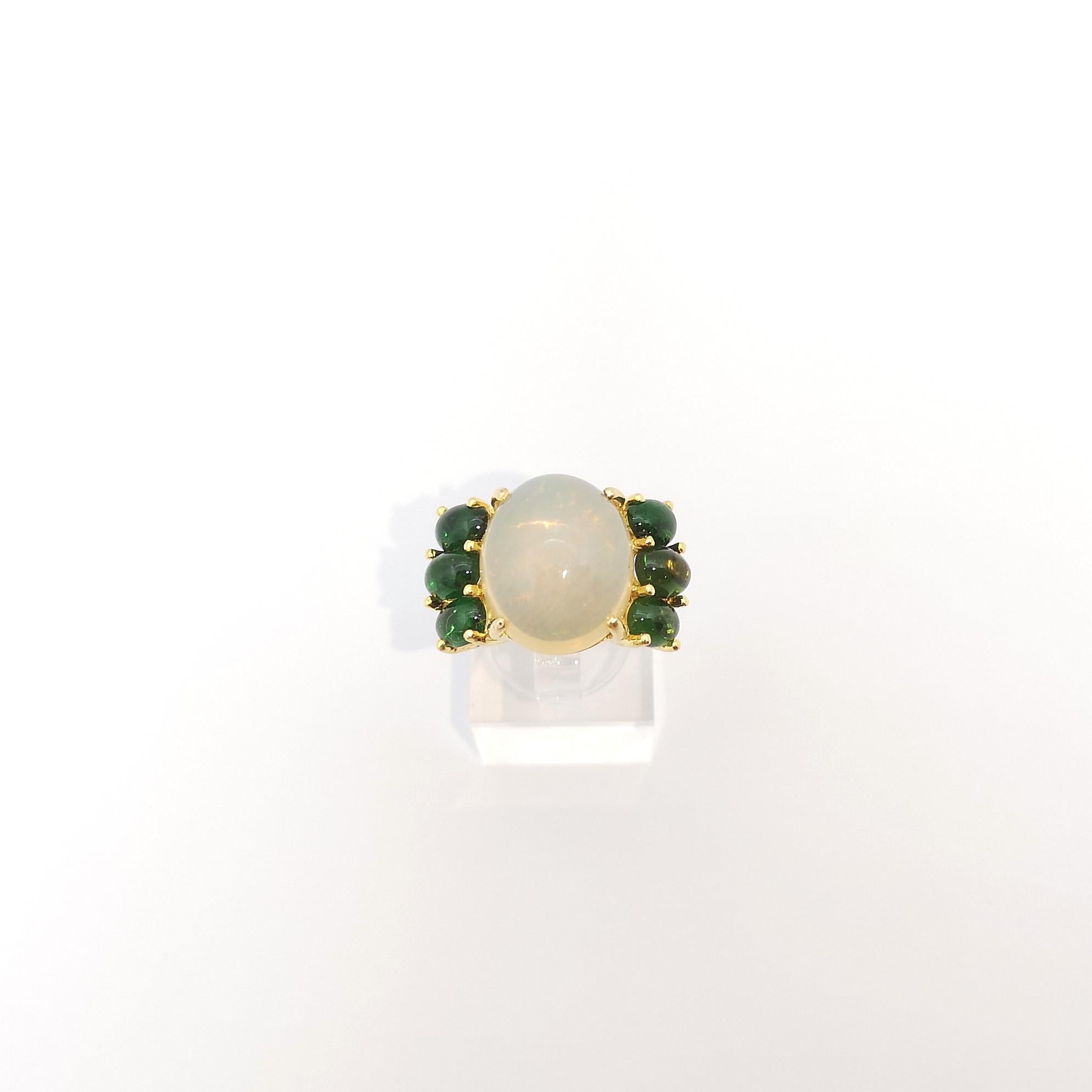 Opal with Green Tourmaline Ring set in 18K Gold Settings For Sale 3