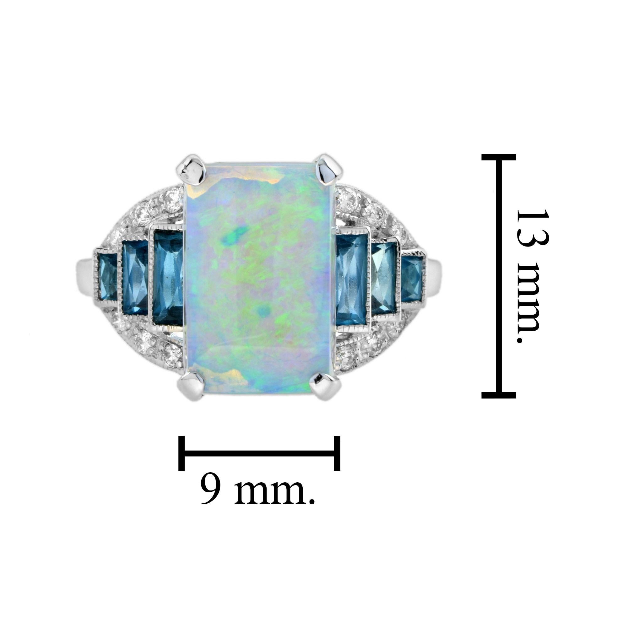 Emerald Cut Opal with London Blue Topaz and Diamond Art Deco Style Ring in 14K White Gold