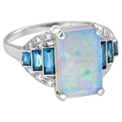 Opal with London Blue Topaz and Diamond Art Deco Style Ring in 14K White Gold