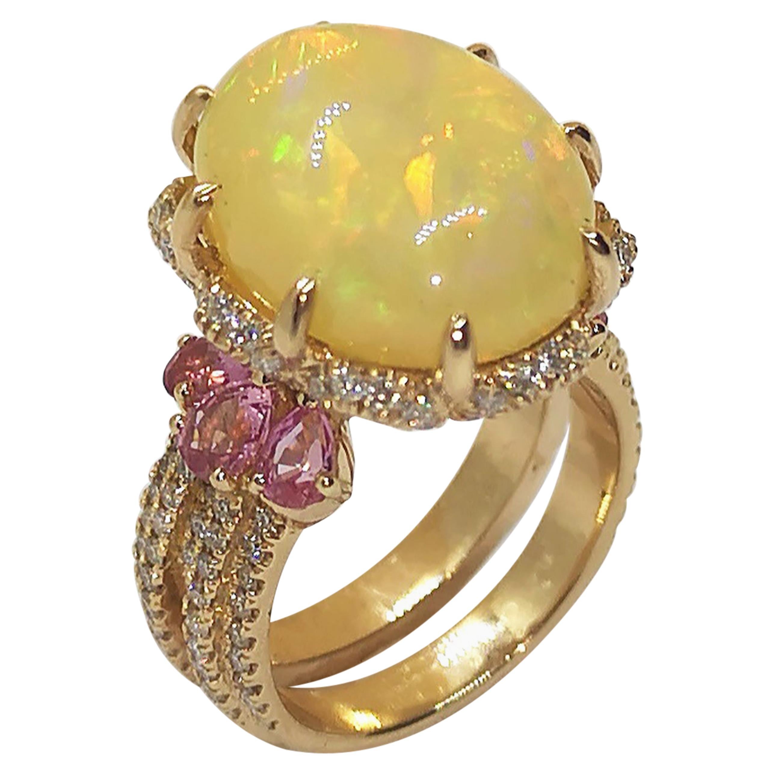 Opal with Pink Sapphire and Brown Diamond Ring in 18 Karat Rose Gold Settings