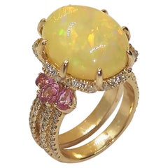 Bague en or rose 18 carats sertie d'opales, de saphirs roses et de diamants bruns