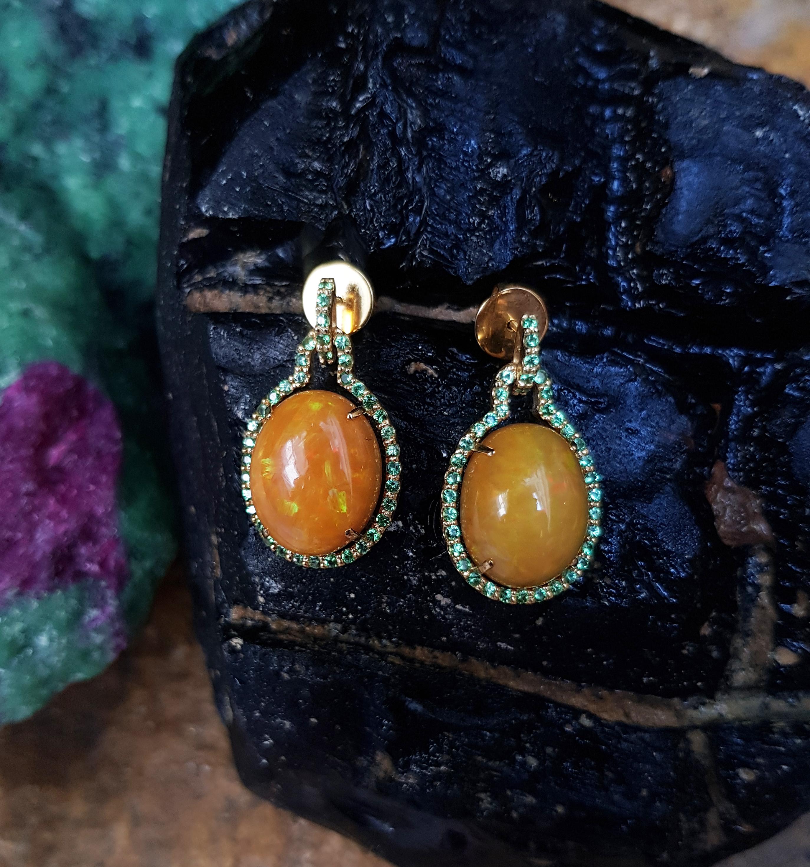 Cabochon Opal with Tsavorite Earrings Set in 18 Karat Gold Settings For Sale