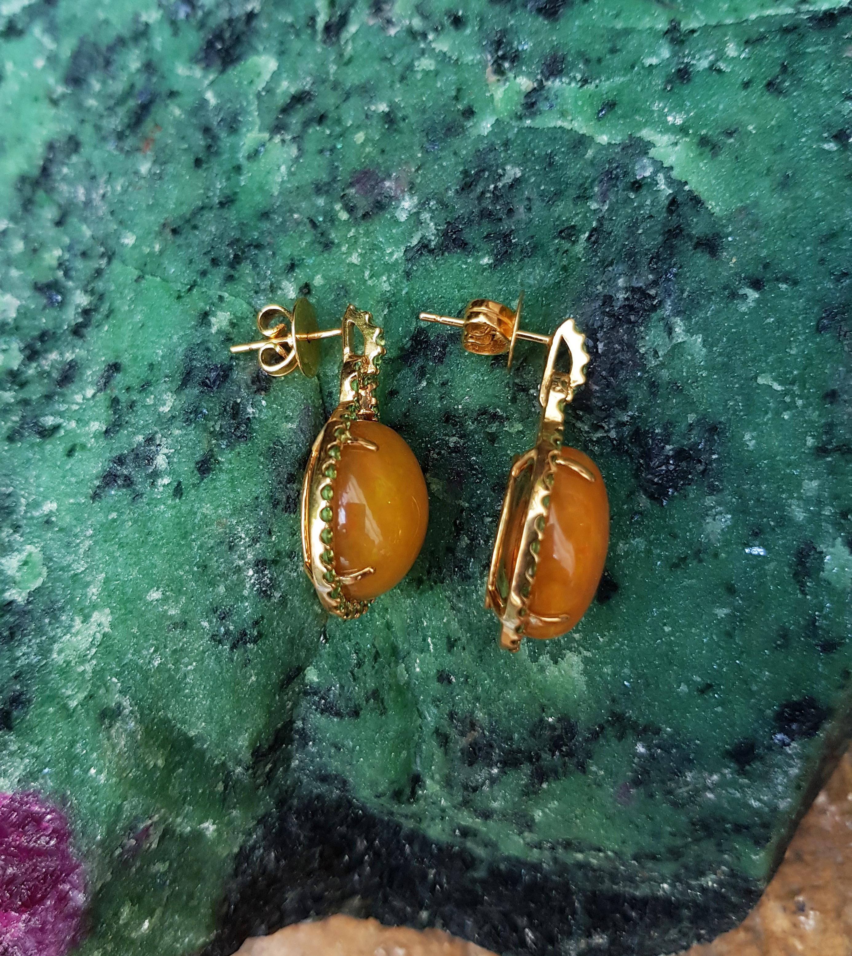 Women's Opal with Tsavorite Earrings Set in 18 Karat Gold Settings For Sale