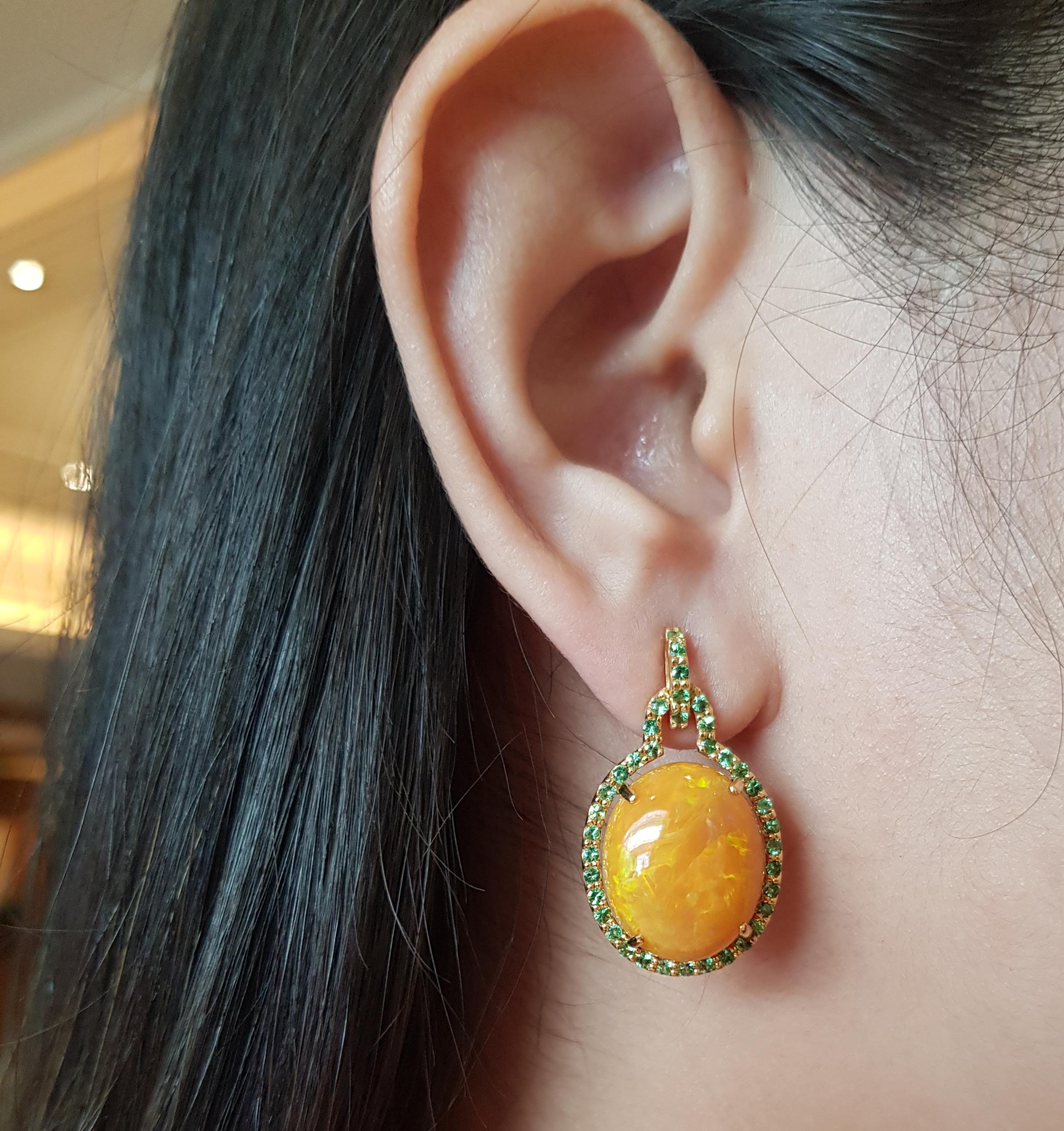 Opal with Tsavorite Earrings Set in 18 Karat Gold Settings For Sale 3