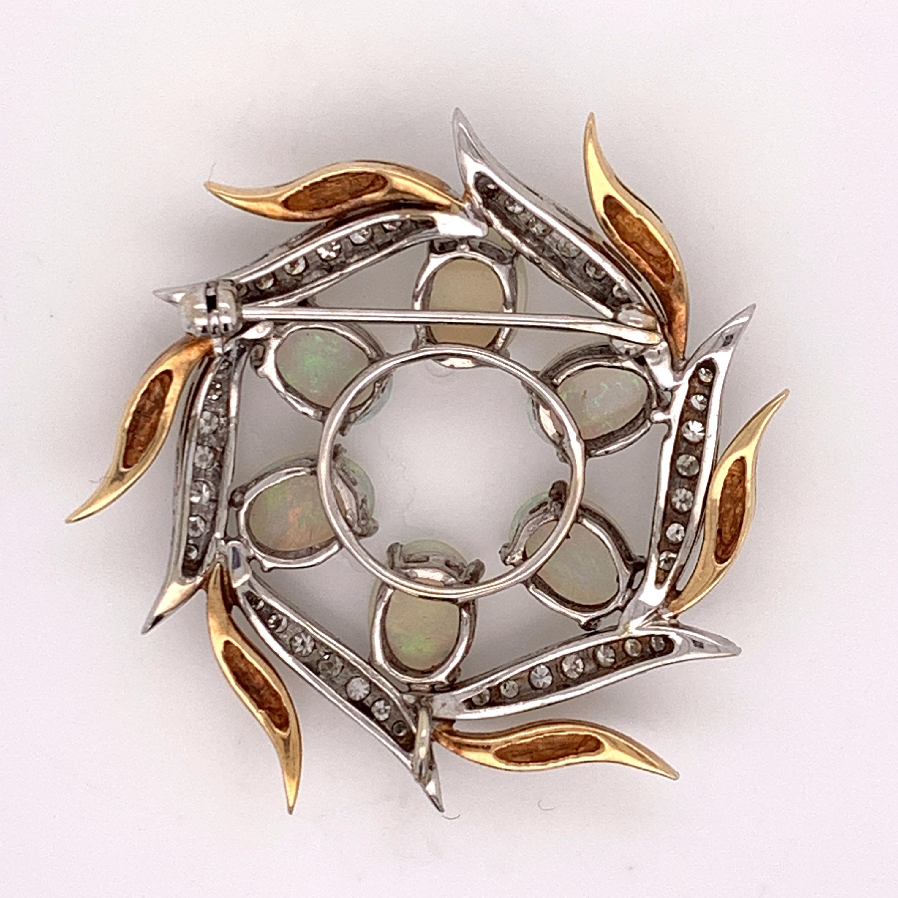 Art Deco Opal Wreath Brooch with 0.5 Carat Diamonds Set in 14 Karat Yellow and White Gold For Sale