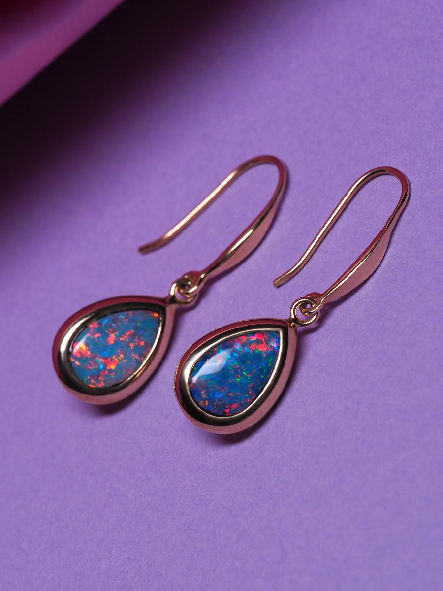 Opal Yellow Gold Earrings Drop Shape Neon Blue Rainbow Doublet Australian Gems 2