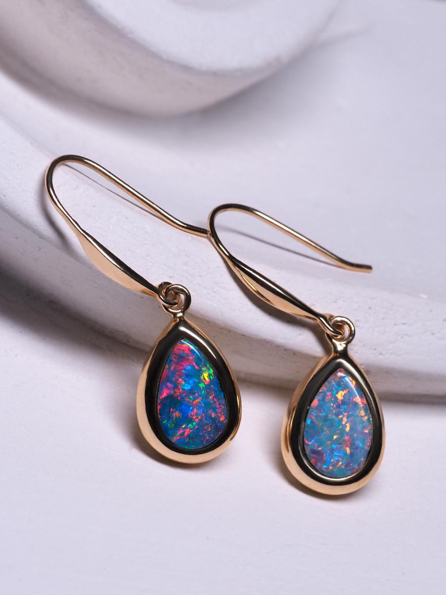 Modern Opal Yellow Gold Earrings Drop Shape Neon Blue Rainbow Doublet Australian Gems