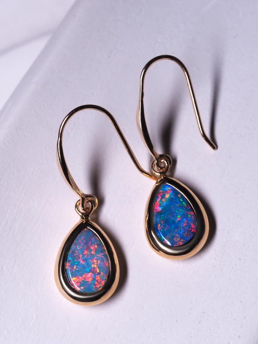 Cabochon Opal Yellow Gold Earrings Drop Shape Neon Blue Rainbow Doublet Australian Gems
