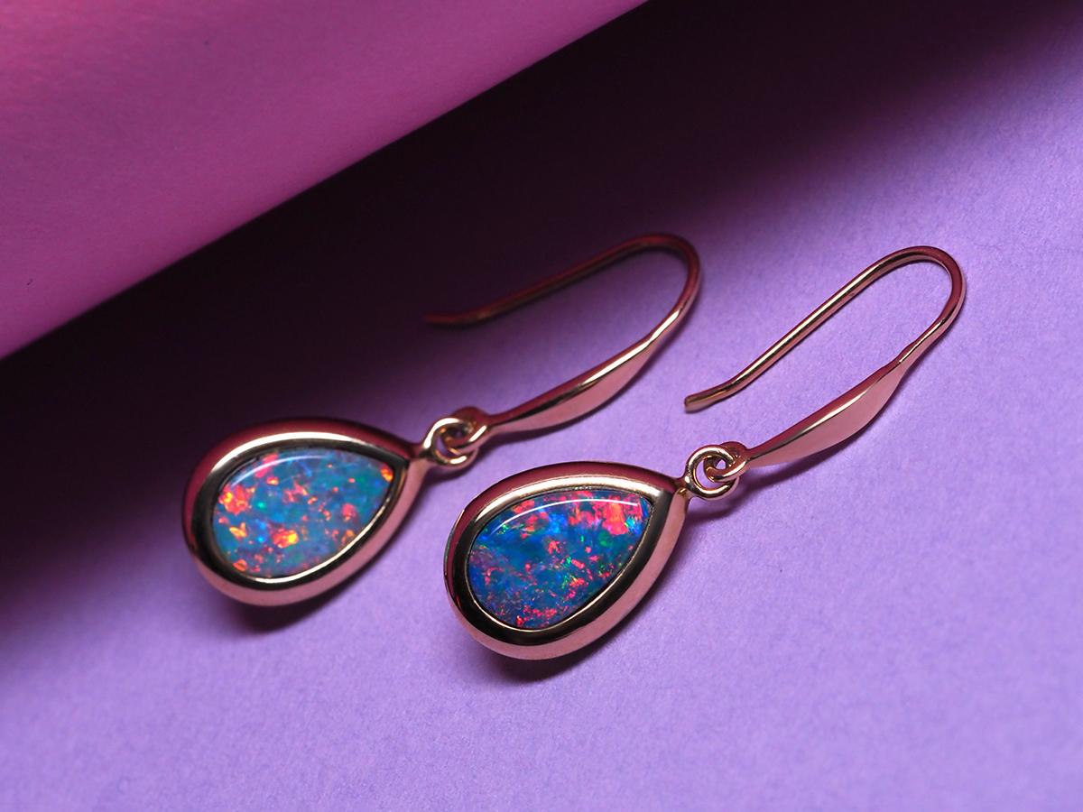 Opal Yellow Gold Earrings Drop Shape Neon Blue Rainbow Doublet Australian Gems 1