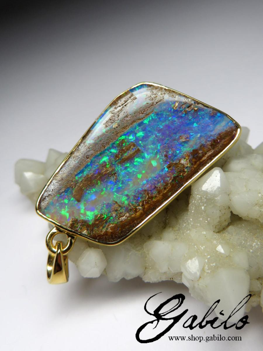 Uncut Opal Yellow Gold Pendant Bright Neon Blue Green Australian Gem Unisex Minimalism