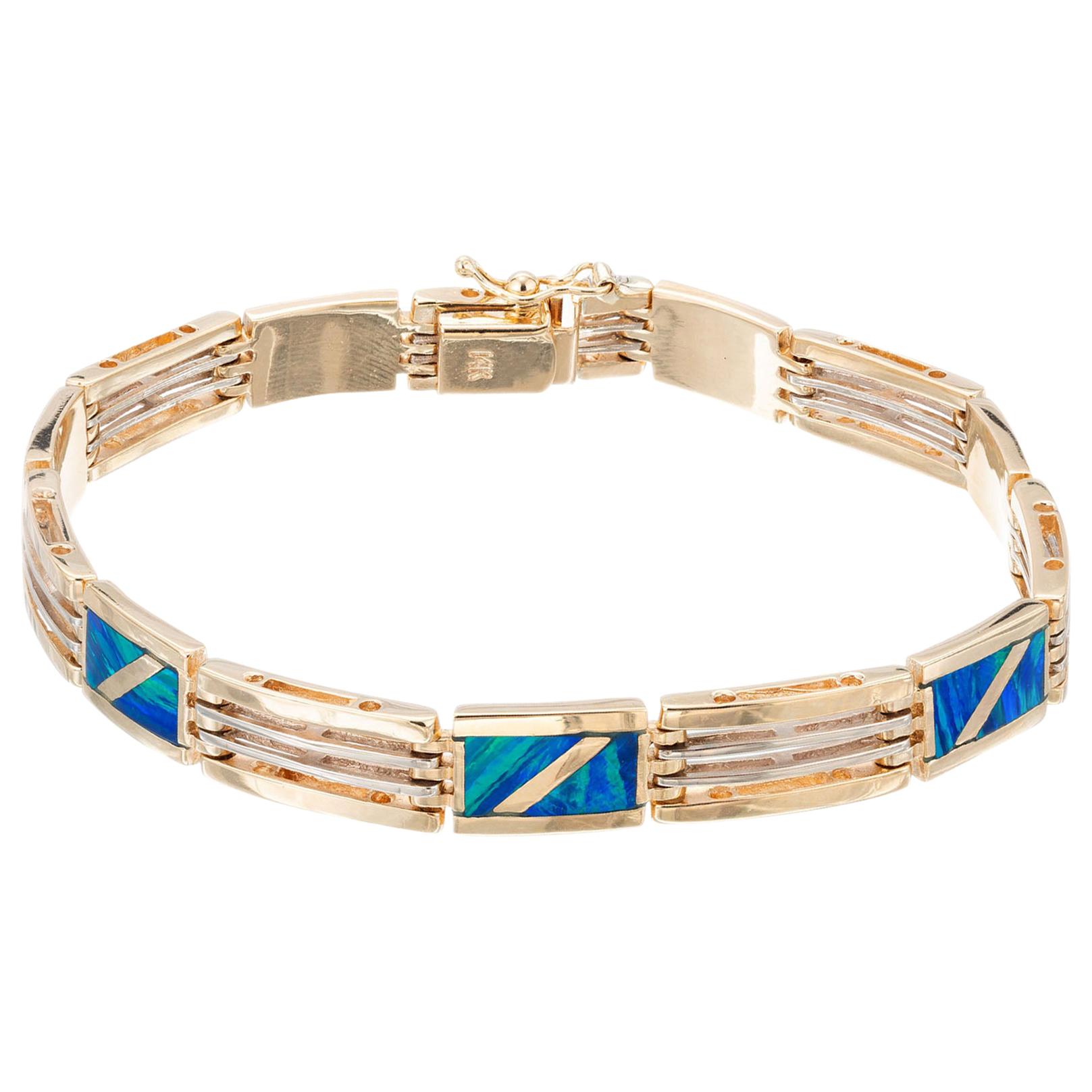 Opal Inlay Yellow White Gold Link Bracelet