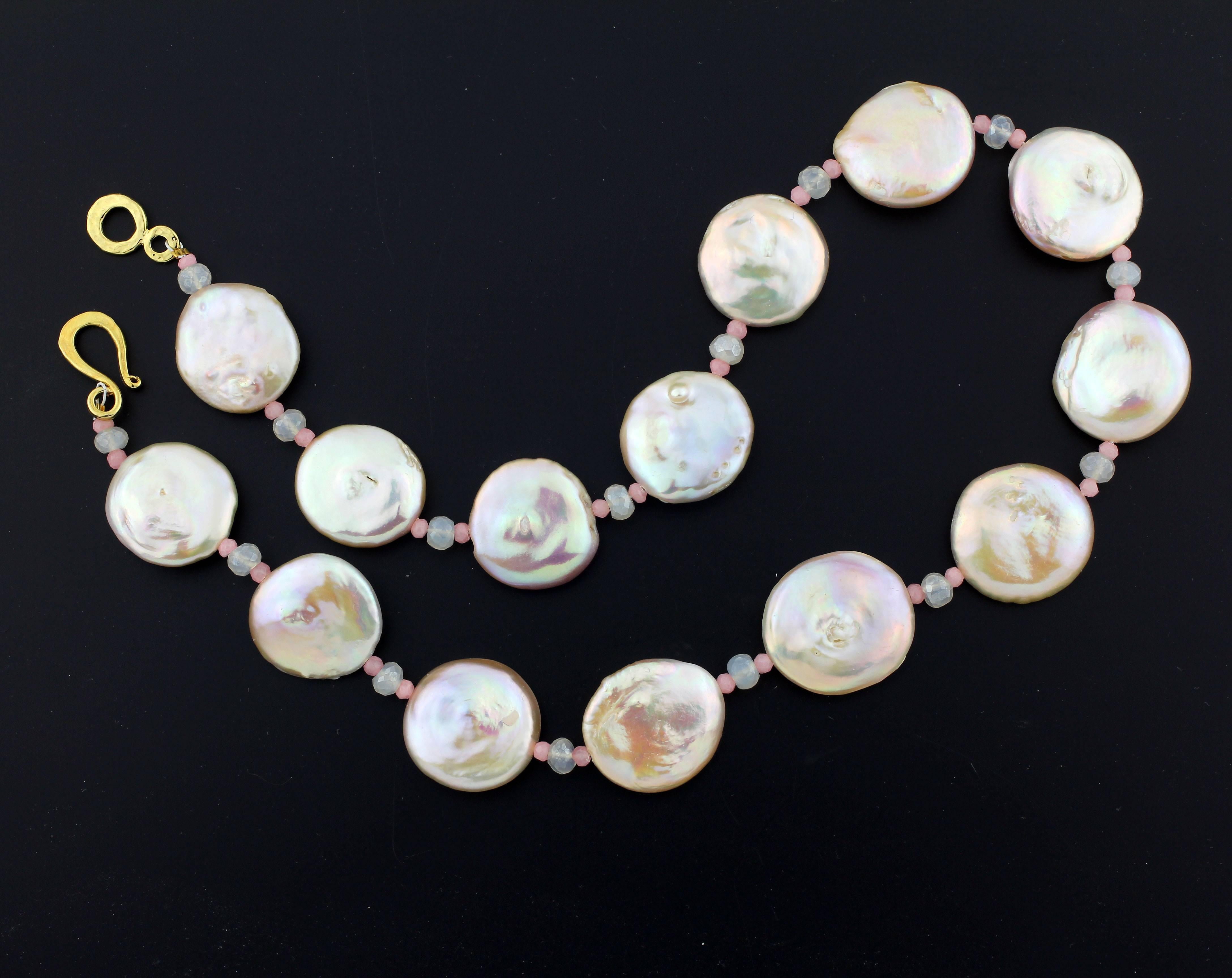 Brightly glowing freshwater cultured pinky white Coin Pearls enhanced with Moonstones and rare pink Opals accents set with a sterling silver gold plated clasp (vermeil clasp).  This is 17.25 inches long.  