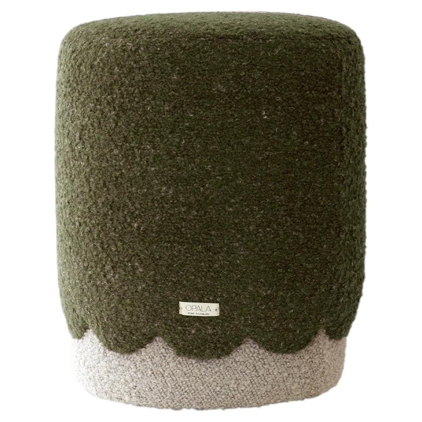 OPALA Scalloped Ottoman Pouf in Dry green Bouclé Fabric
