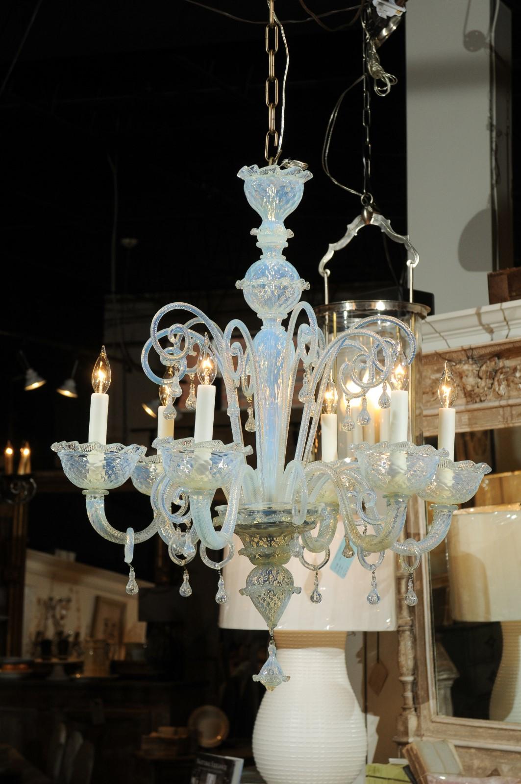 20th Century Opalene Murano Glass Midcentury Six-Light Chandelier with Scrolled Arms