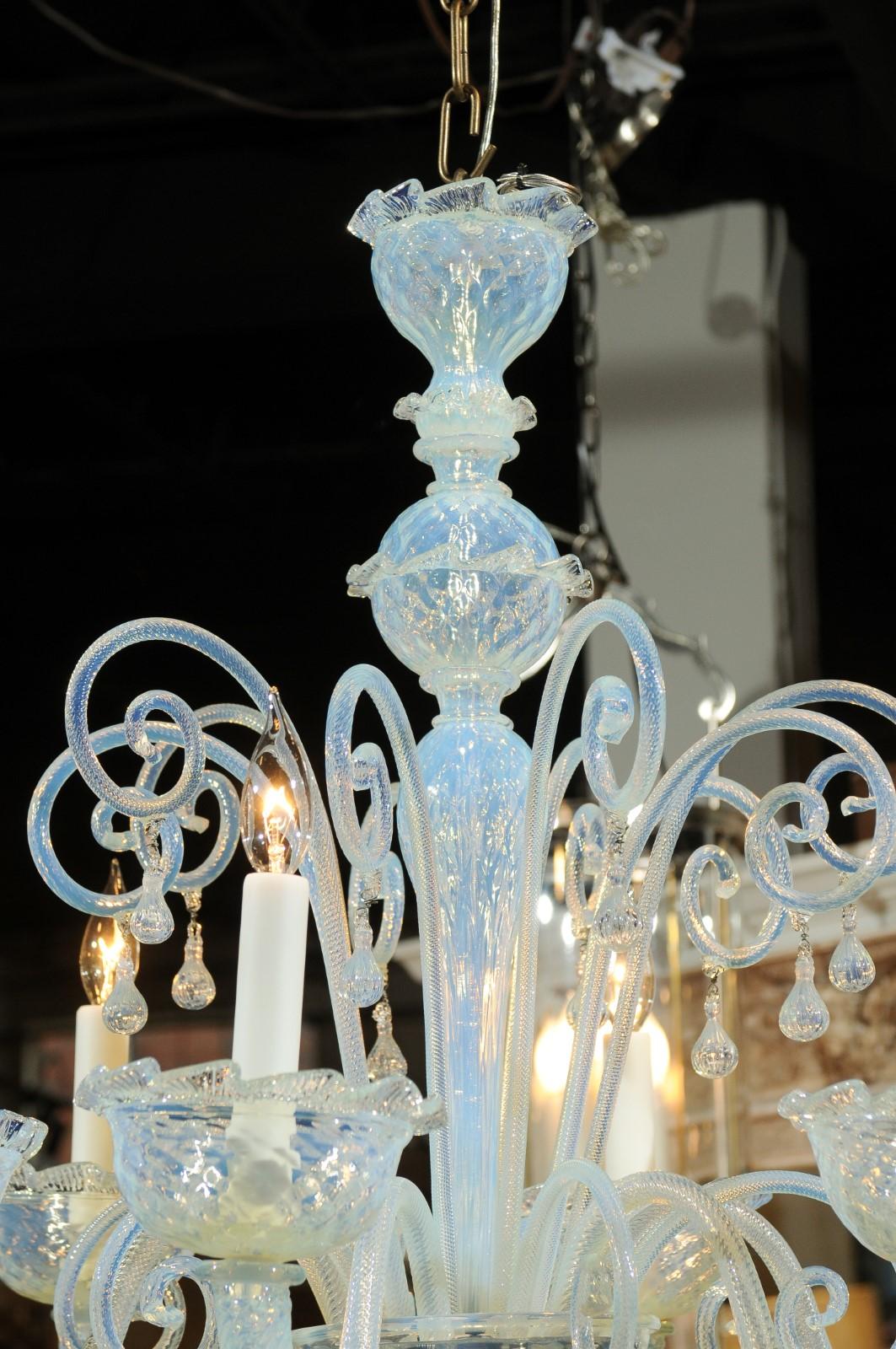 Opalene Murano Glass Midcentury Six-Light Chandelier with Scrolled Arms 3