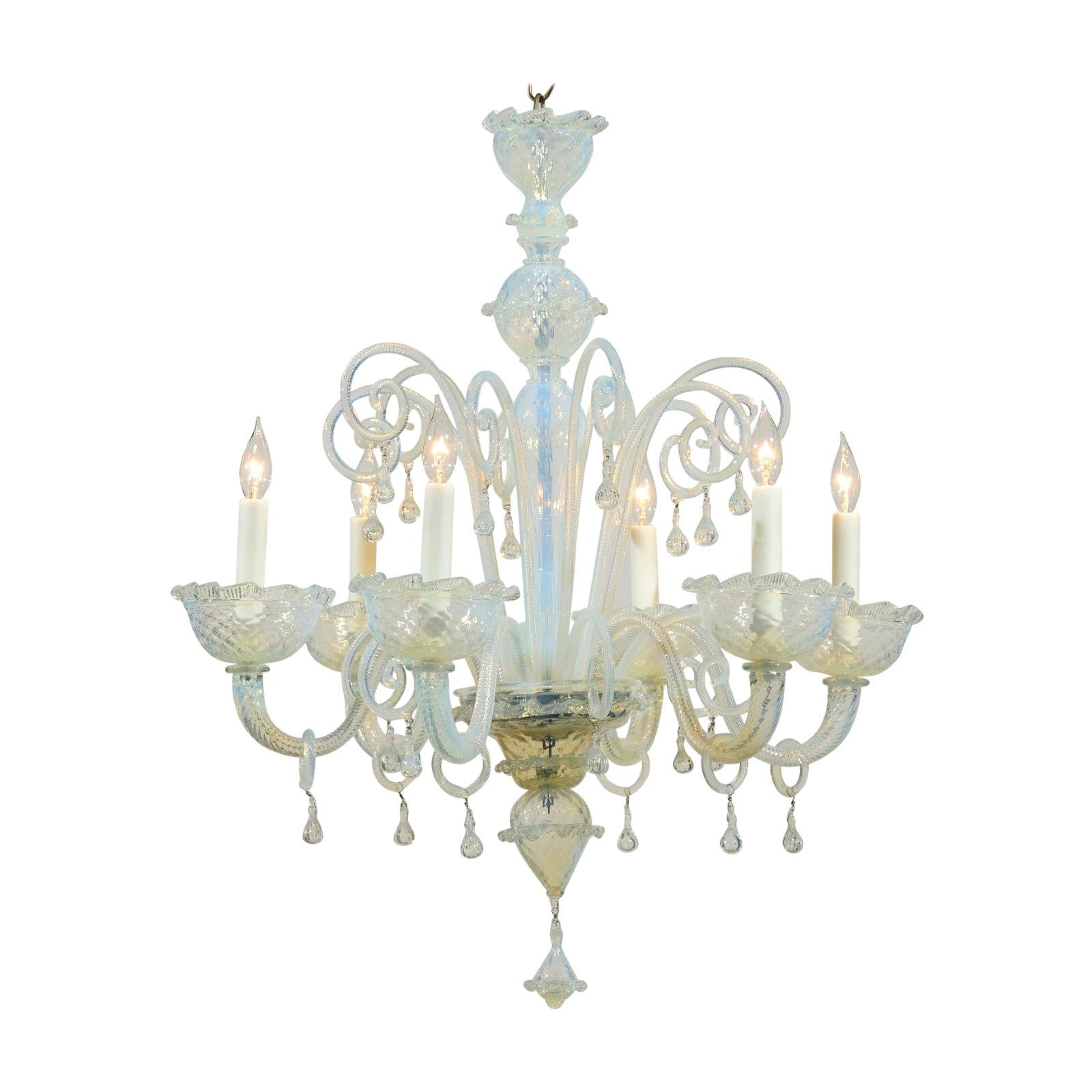 Opalene Murano Glass Midcentury Six-Light Chandelier with Scrolled Arms