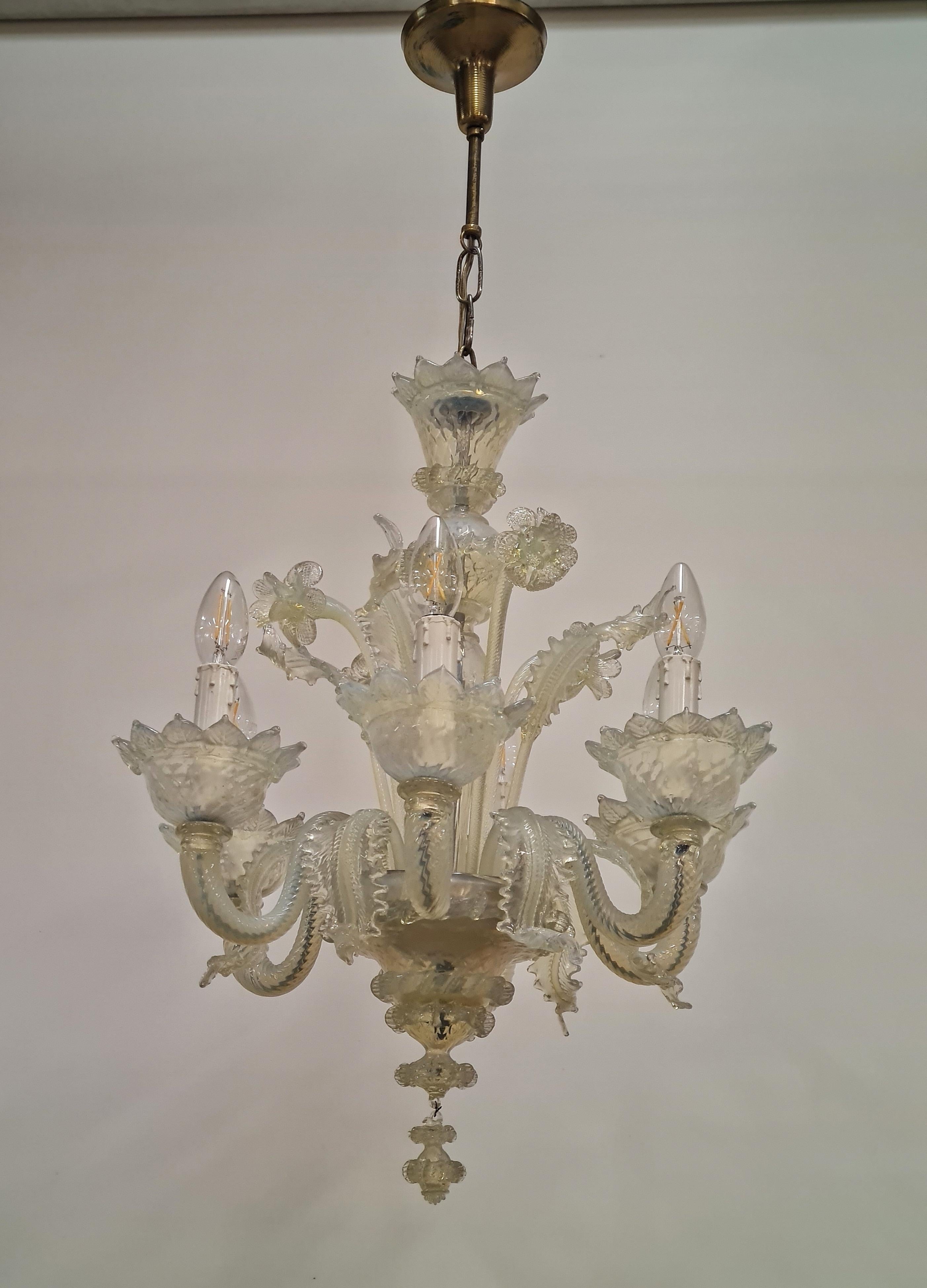 Opalescent Blue and White Floral Six Arm Murano Chandelier, 1960s For Sale 4
