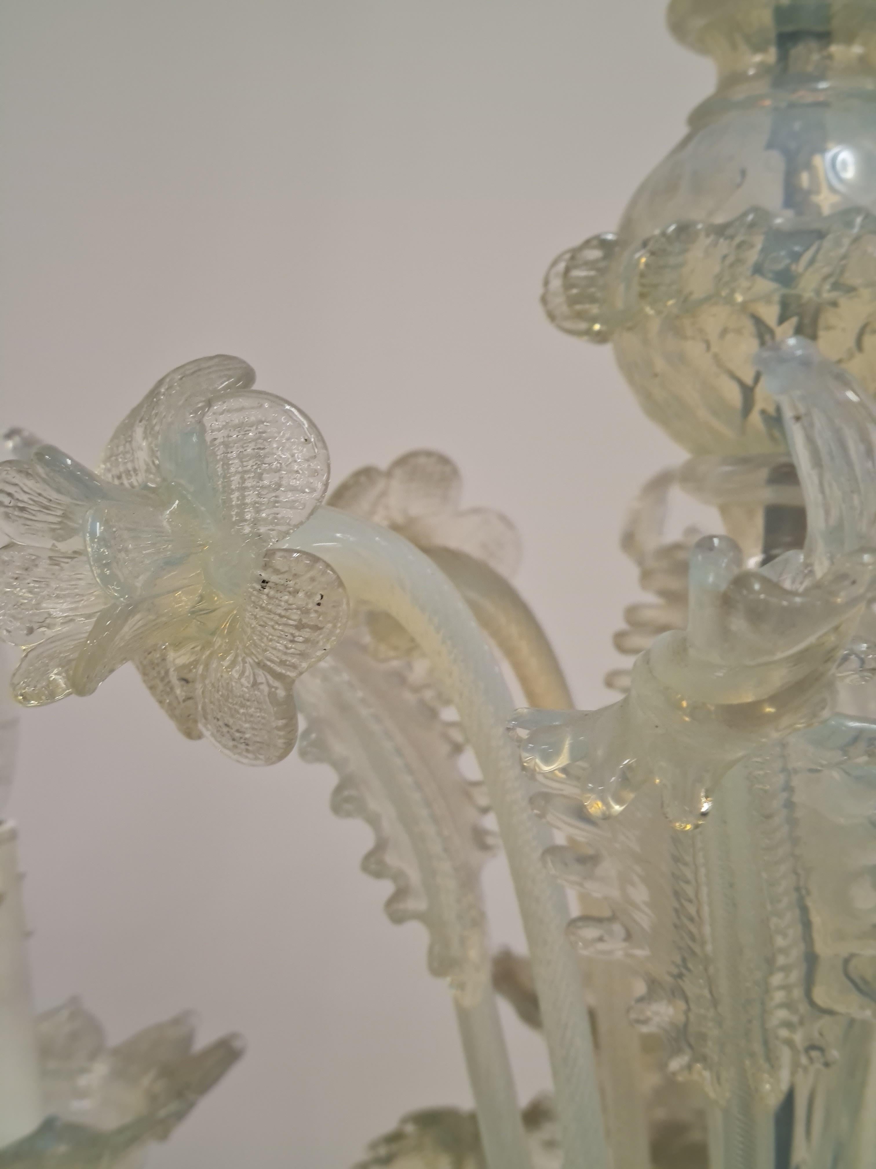 Baroque Opalescent Blue and White Floral Six Arm Murano Chandelier, 1960s For Sale