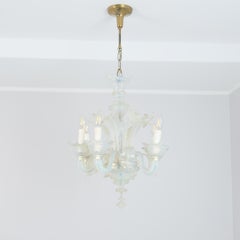 Opalescent Blue and White Floral Six Arm Murano Chandelier, 1960s