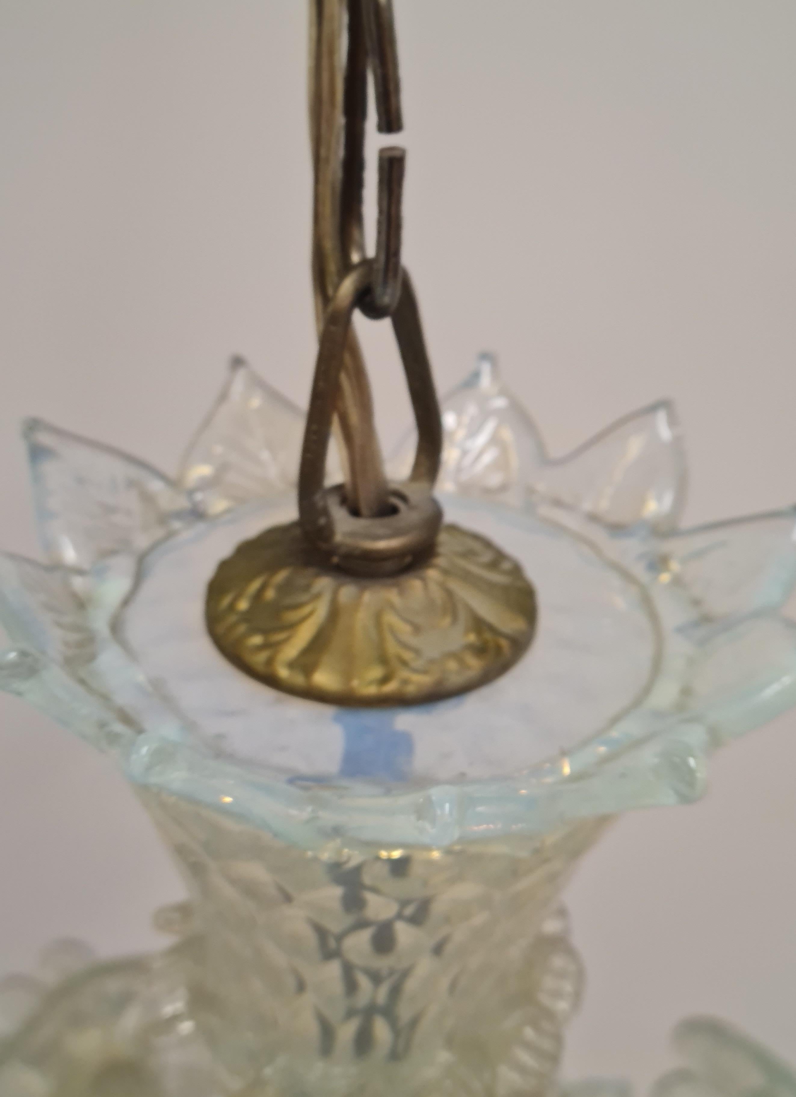 Mid-20th Century Opalescent Blue and White Floral Six Arm Murano Chandelier, 1960s For Sale