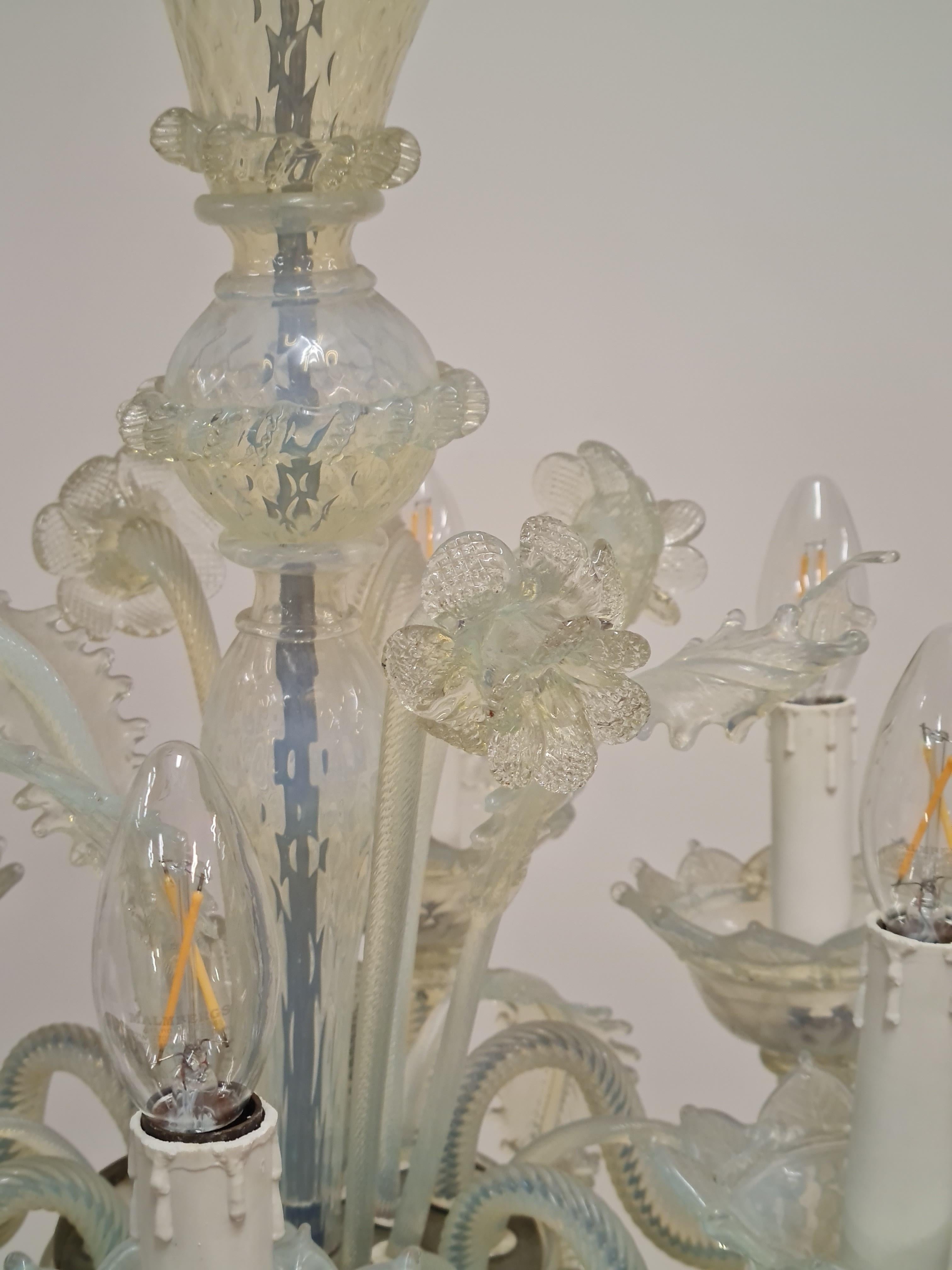 Opalescent Blue and White Floral Six Arm Murano Chandelier, 1960s For Sale 1