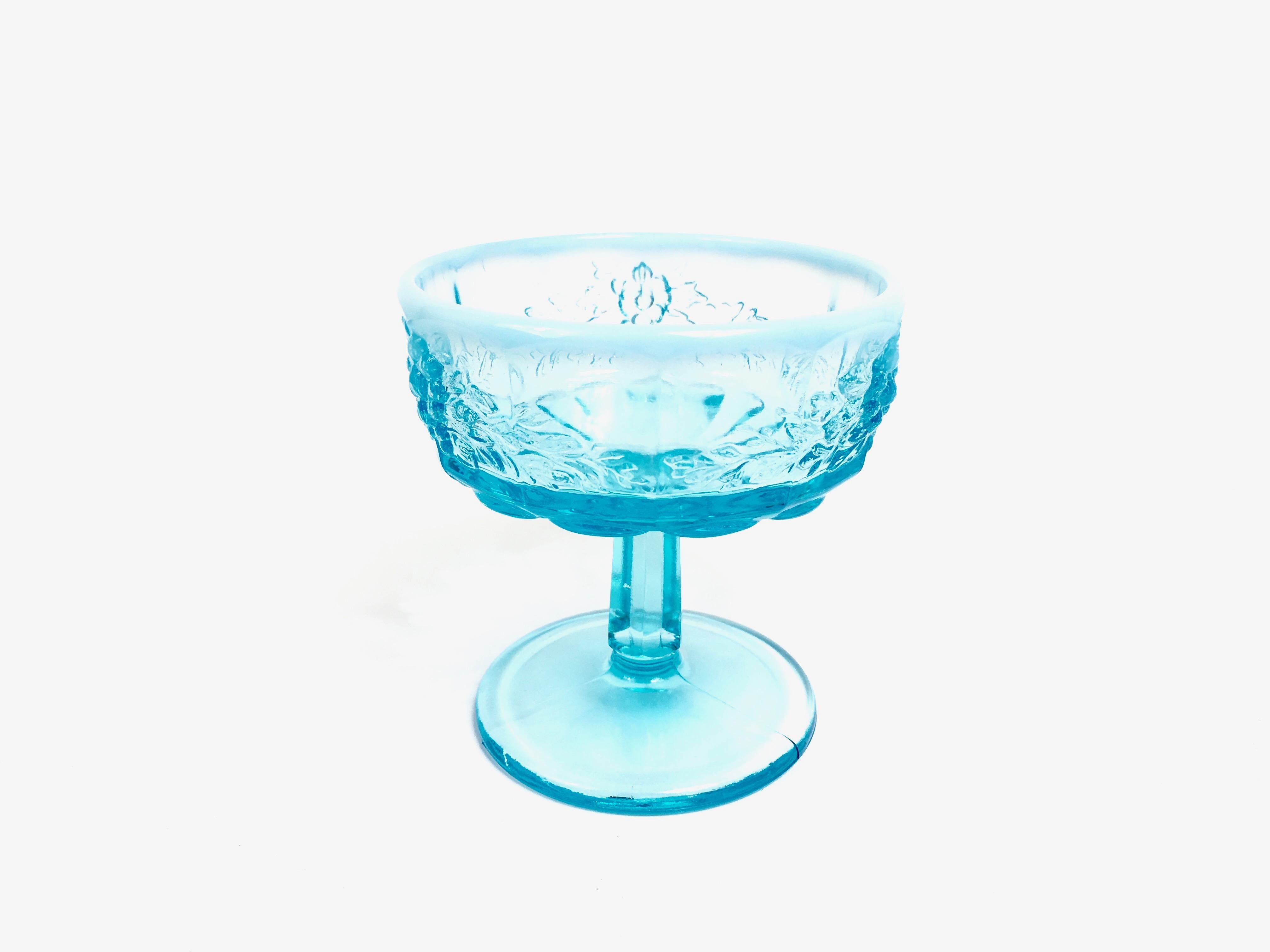 Opalescent Blue Glass Grape 10 Goblets and 8 Champagnes Set of 18 In Good Condition For Sale In Miami Beach, FL
