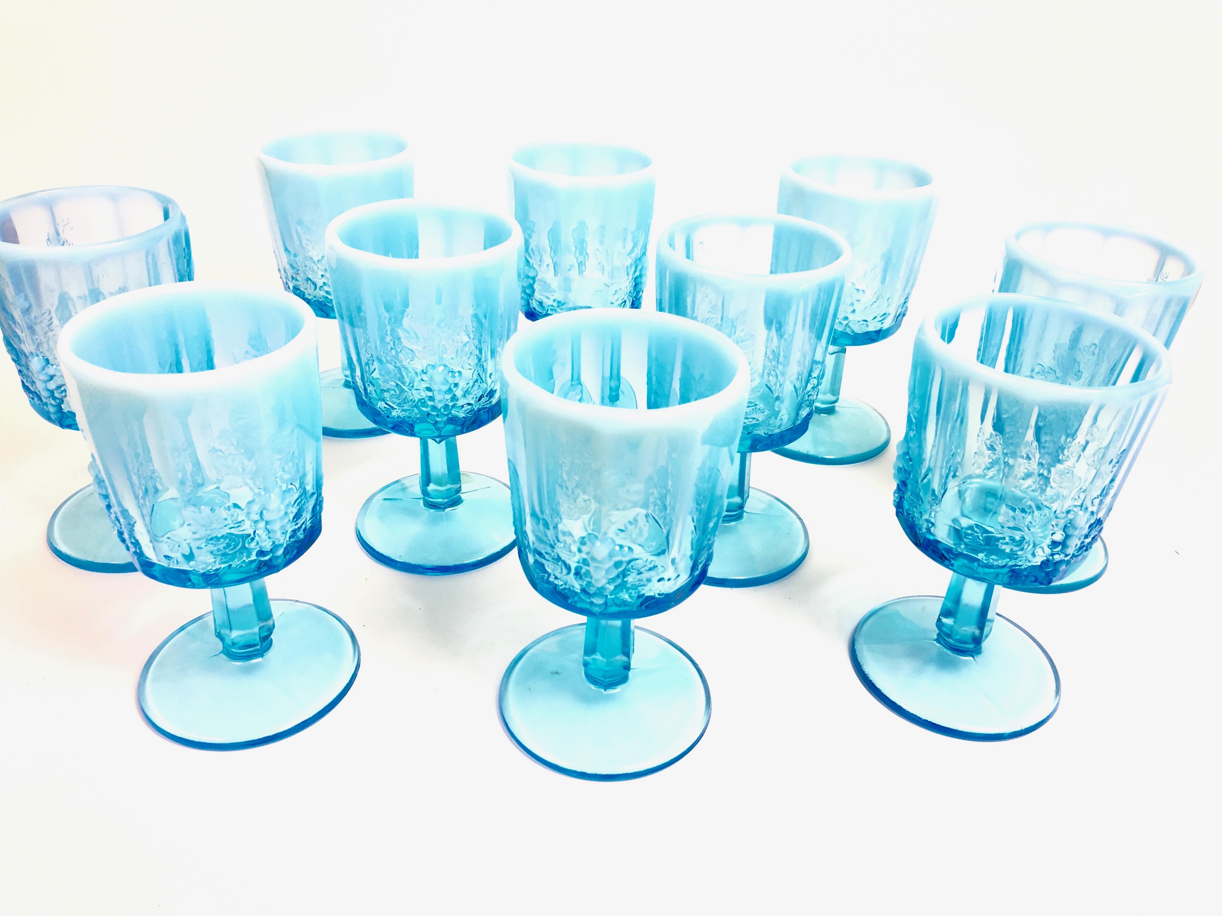 Opalescent Blue Glass Grape 10 Goblets and 8 Champagnes Set of 18 For Sale 3