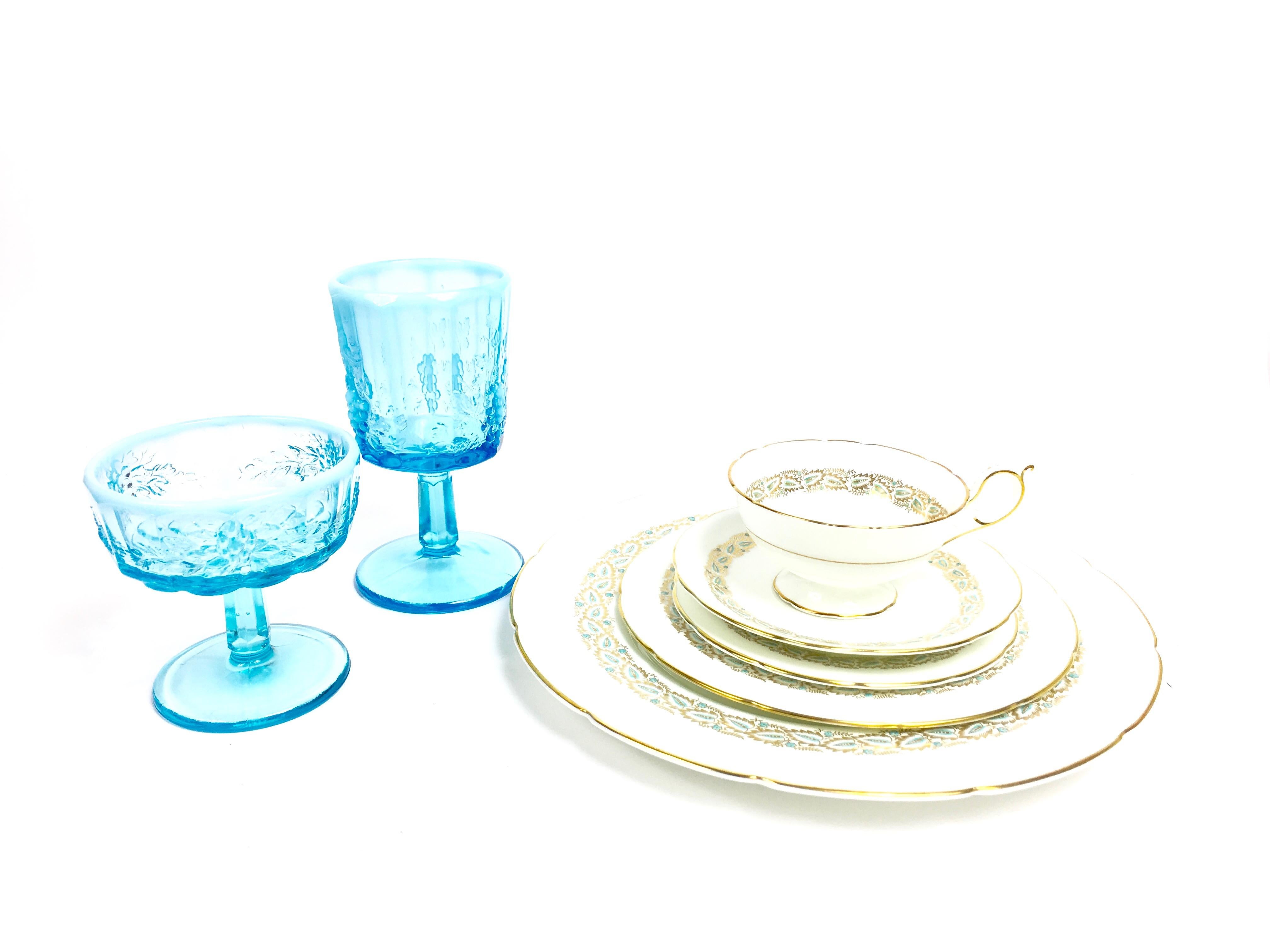 Opalescent Blue Glass Grape 10 Goblets and 8 Champagnes Set of 18 For Sale 4