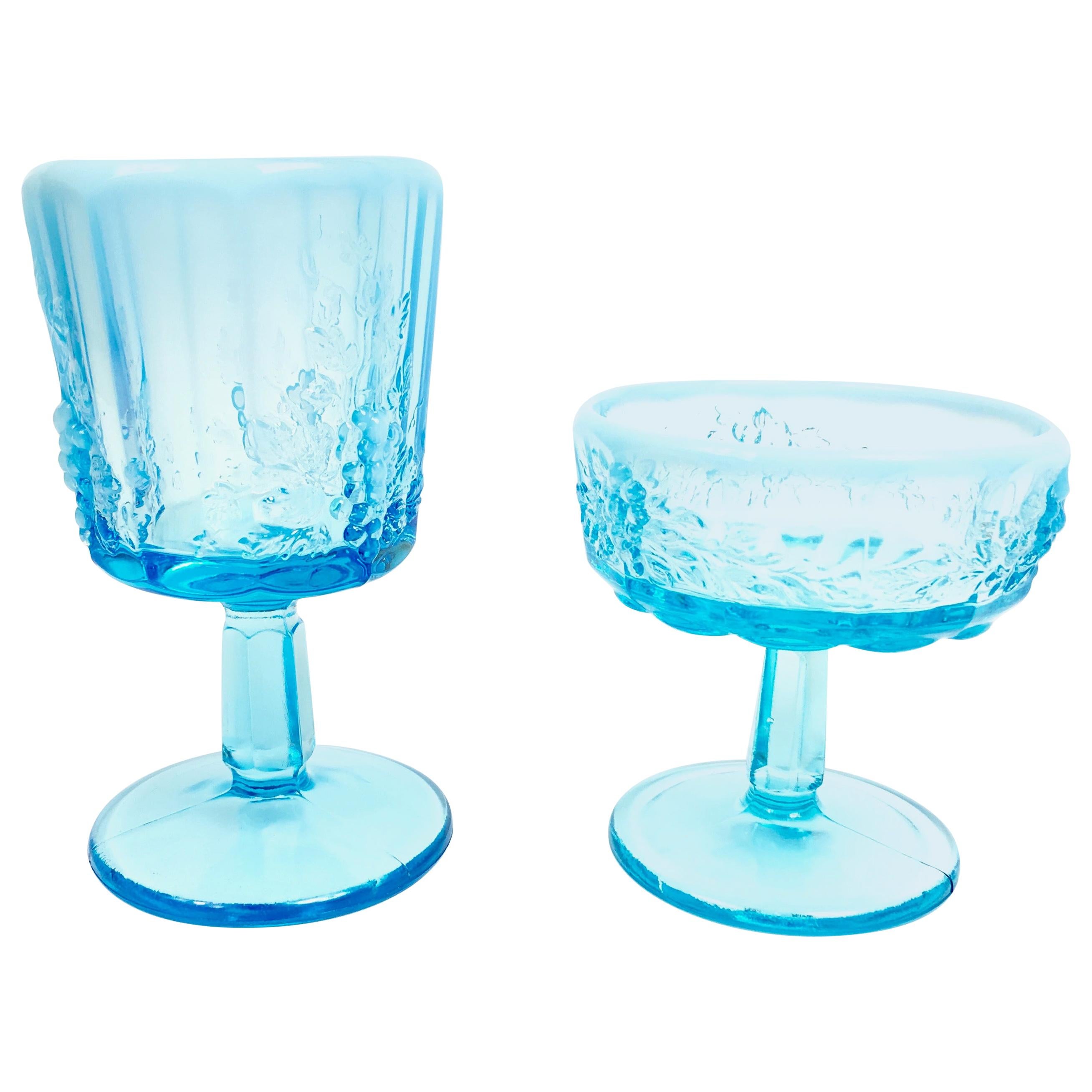 Opalescent Blue Glass Grape 10 Goblets and 8 Champagnes Set of 18