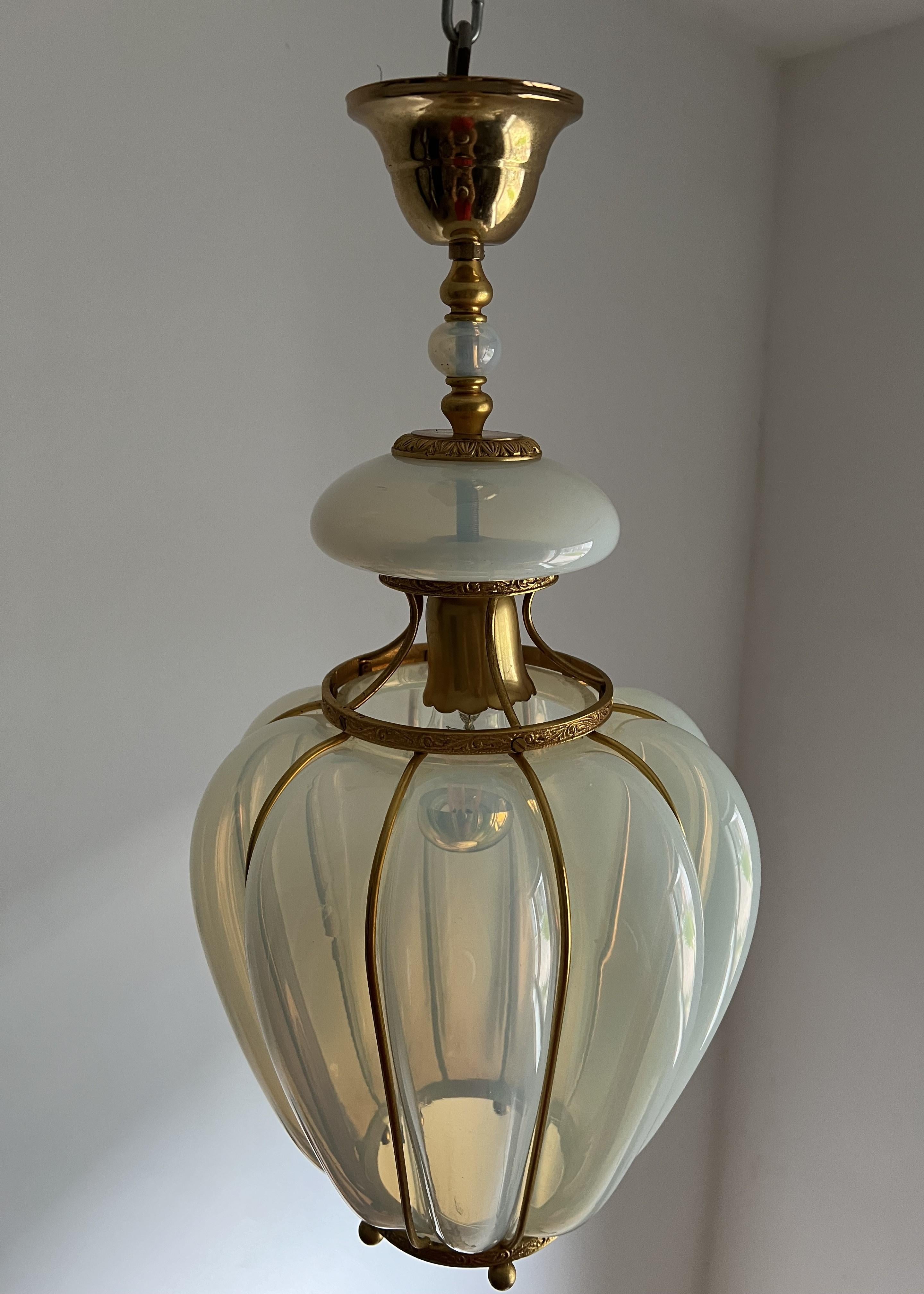 Opalescent Blue & Gold Murano Glass Lantern attr to Barovier Toso, Italy ca 1950 13