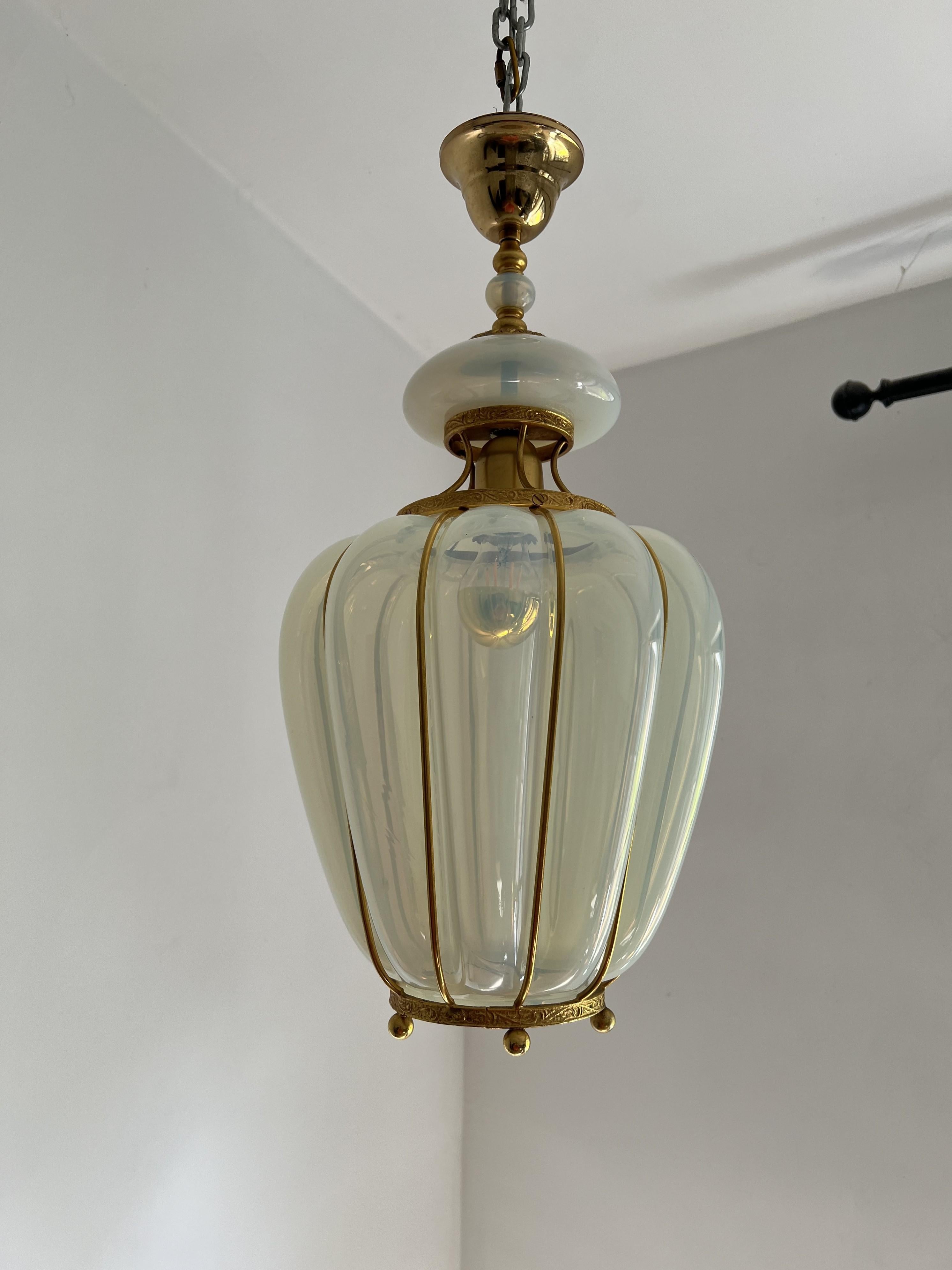 Italian Opalescent Blue & Gold Murano Glass Lantern attr to Barovier Toso, Italy ca 1950