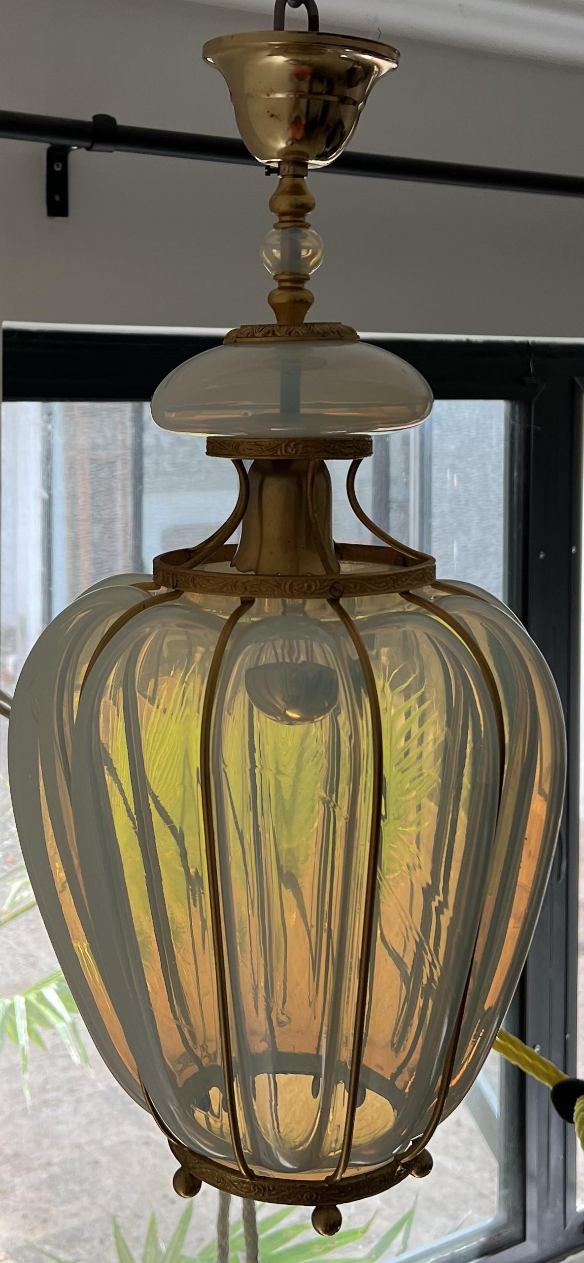 Gilt Opalescent Blue & Gold Murano Glass Lantern attr to Barovier Toso, Italy ca 1950